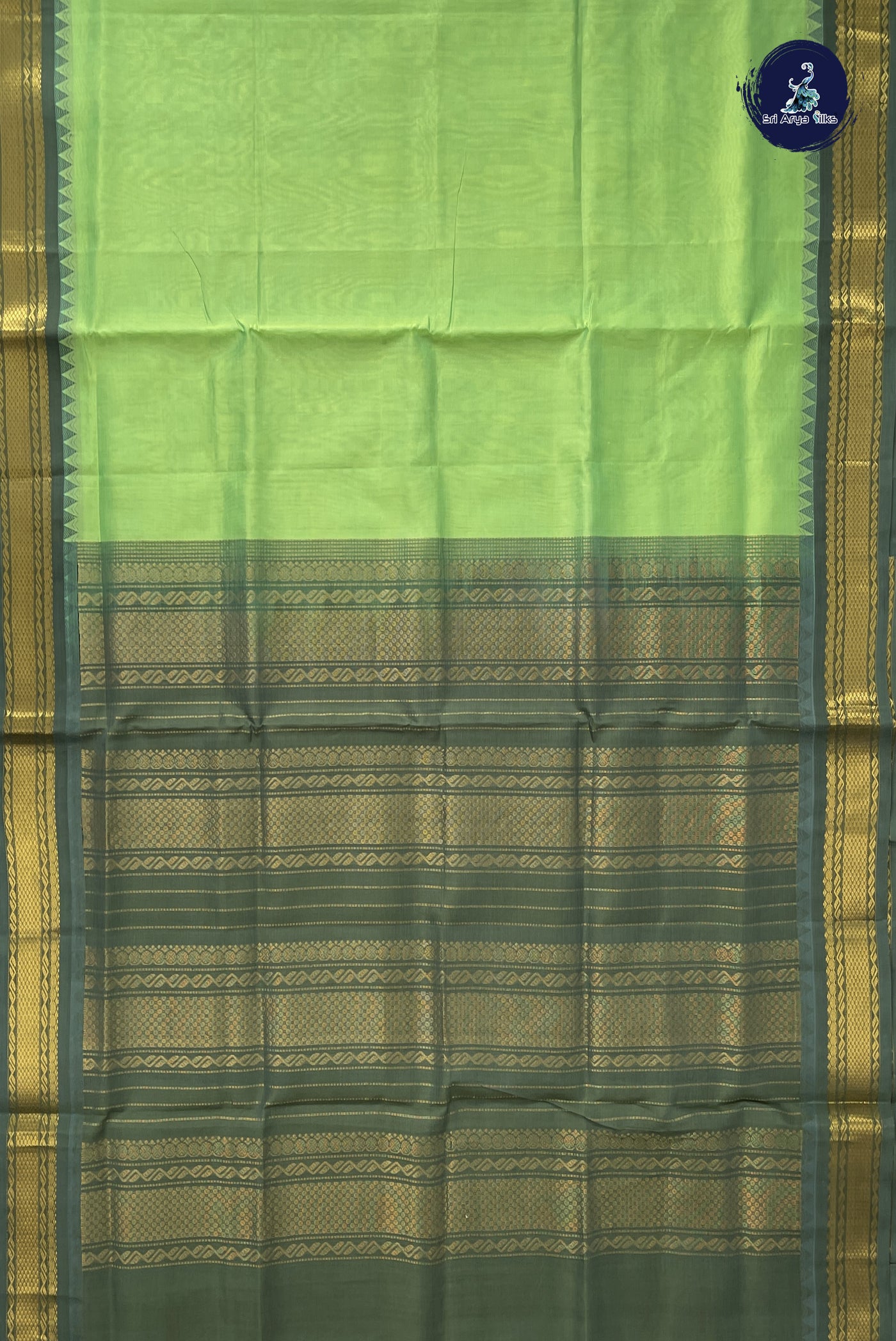 Pastel Green Korvai Silk Cotton Saree With Plain Pattern