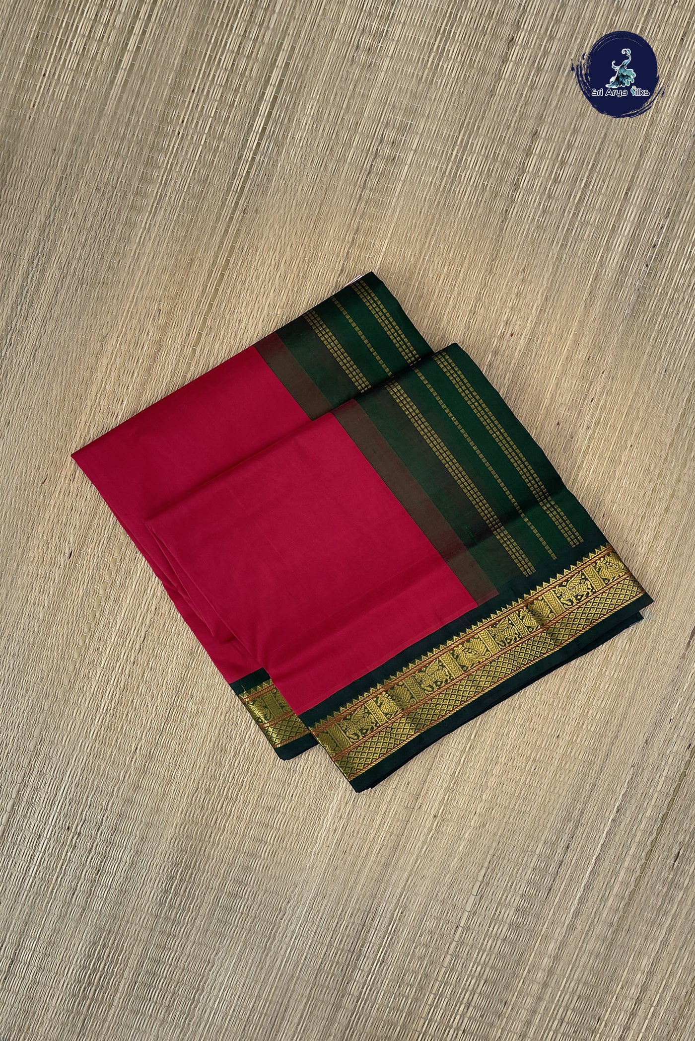 Red Korvai Silk Cotton Saree With Plain Pattern