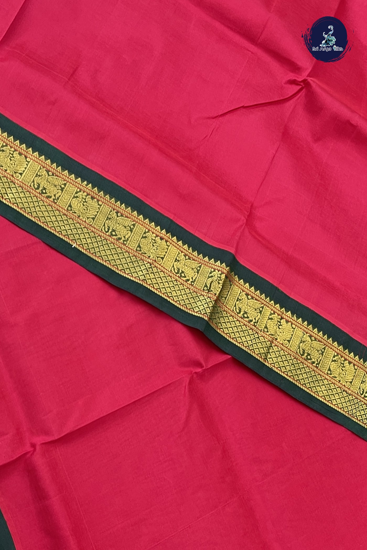 Red Korvai Silk Cotton Saree With Plain Pattern