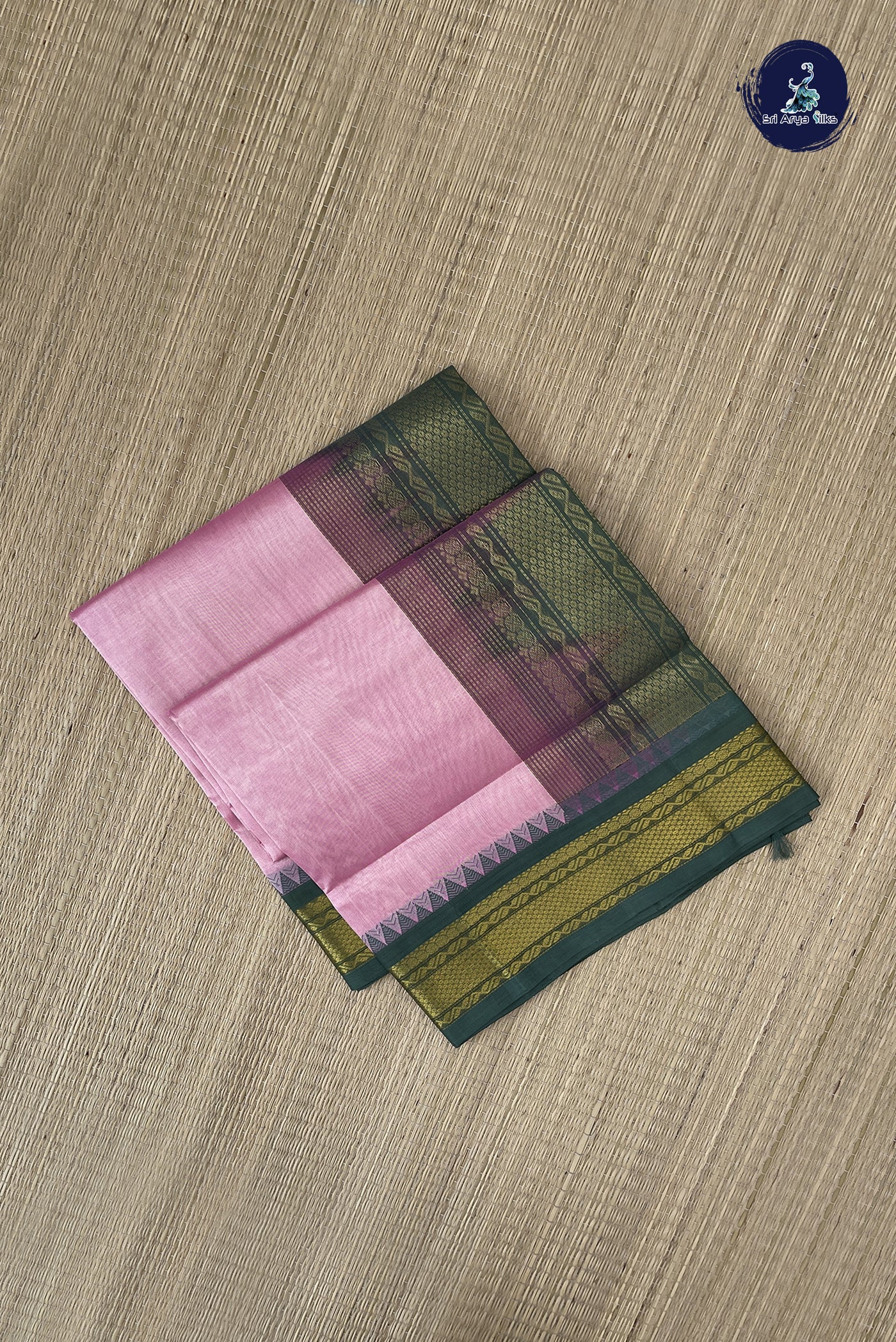 Baby Pink Korvai Silk Cotton Saree With Plain Pattern