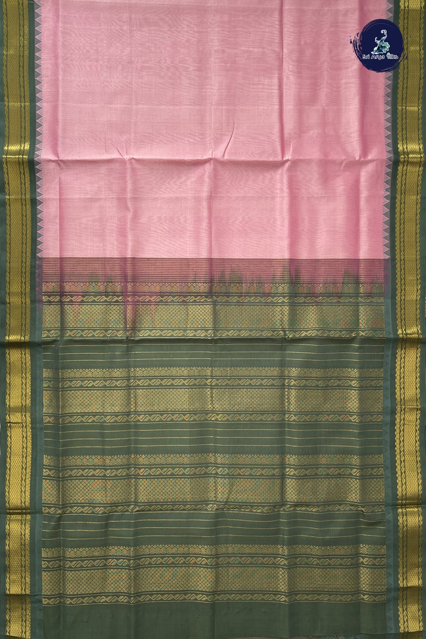 Baby Pink Korvai Silk Cotton Saree With Plain Pattern