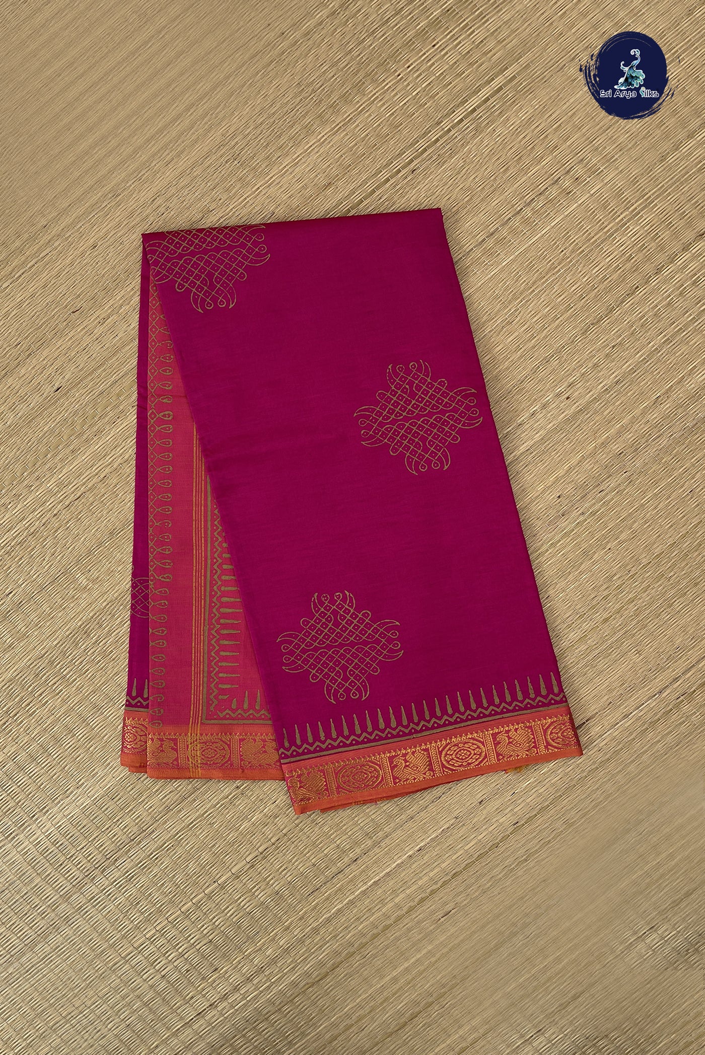 Dark Pink Semi Silk Cotton Saree With Printed Pattern