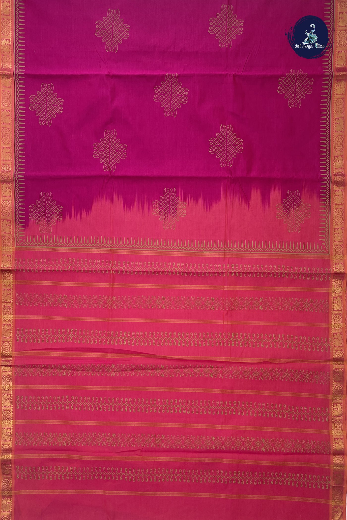 Dark Pink Semi Silk Cotton Saree With Printed Pattern