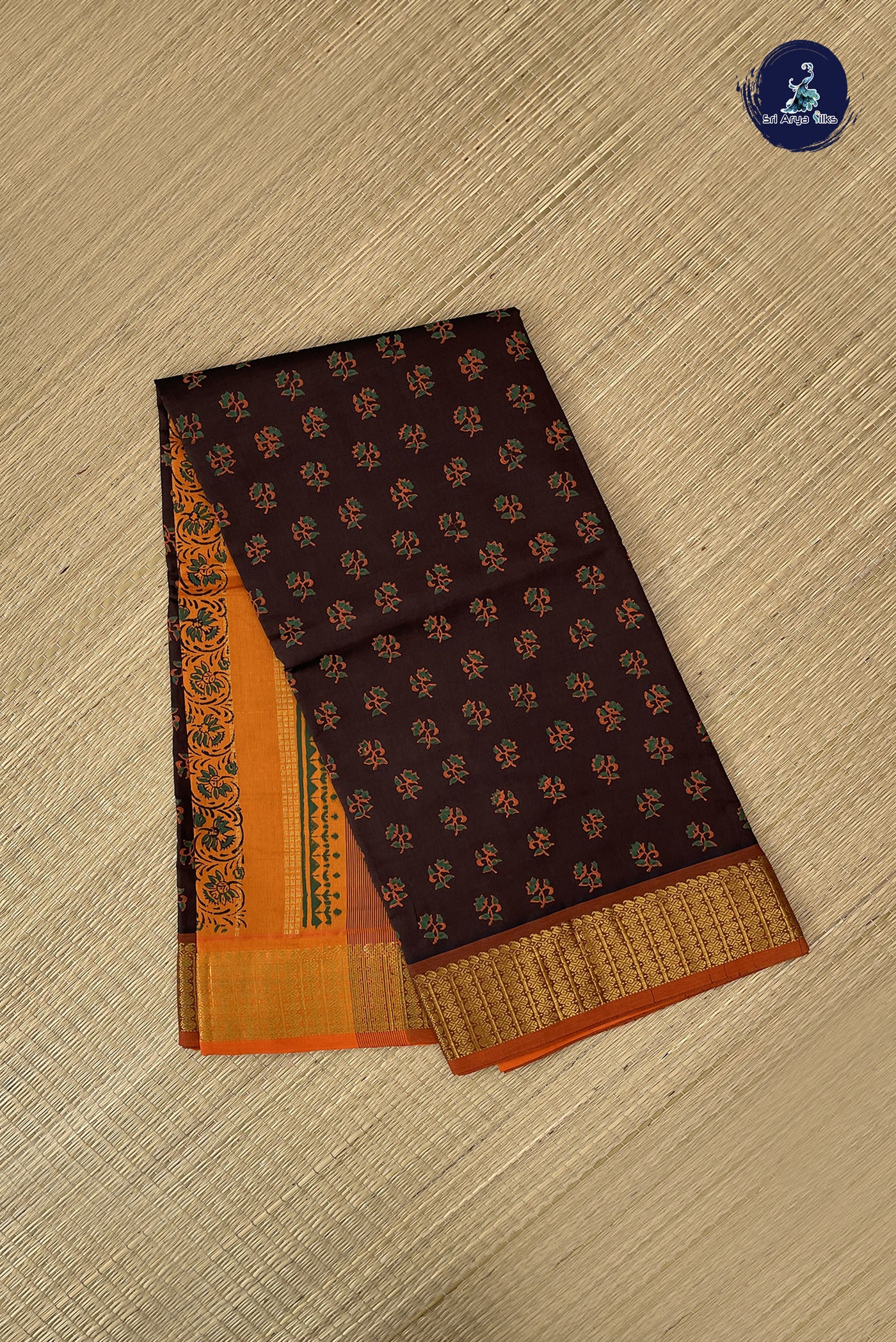 Coffee Brown Semi Silk Cotton Saree With Printed Pattern