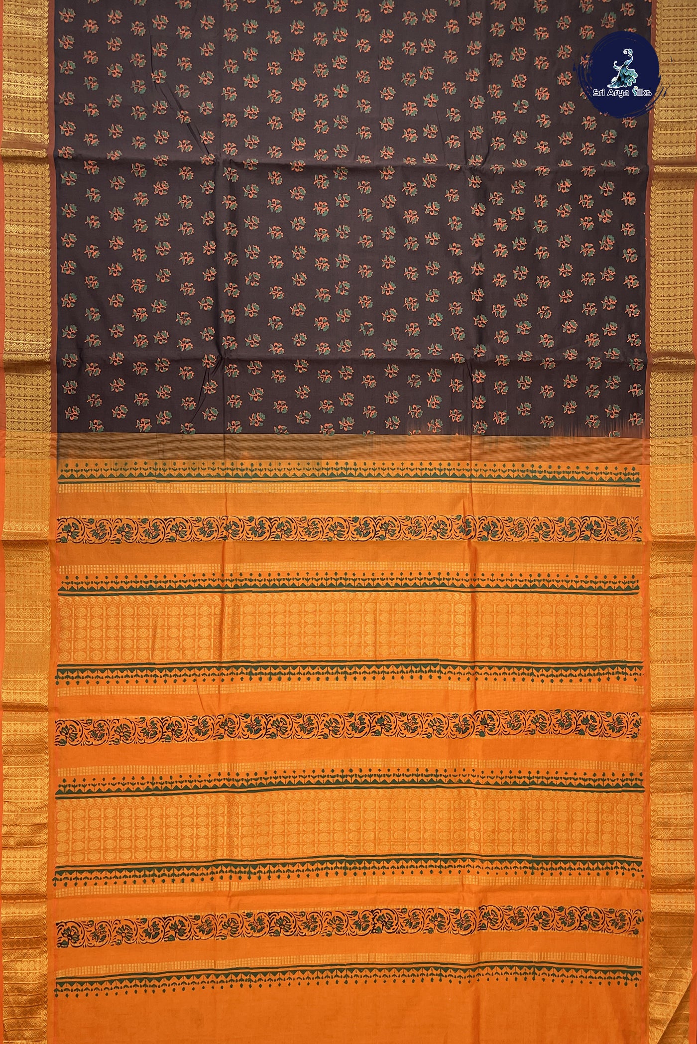 Coffee Brown Semi Silk Cotton Saree With Printed Pattern