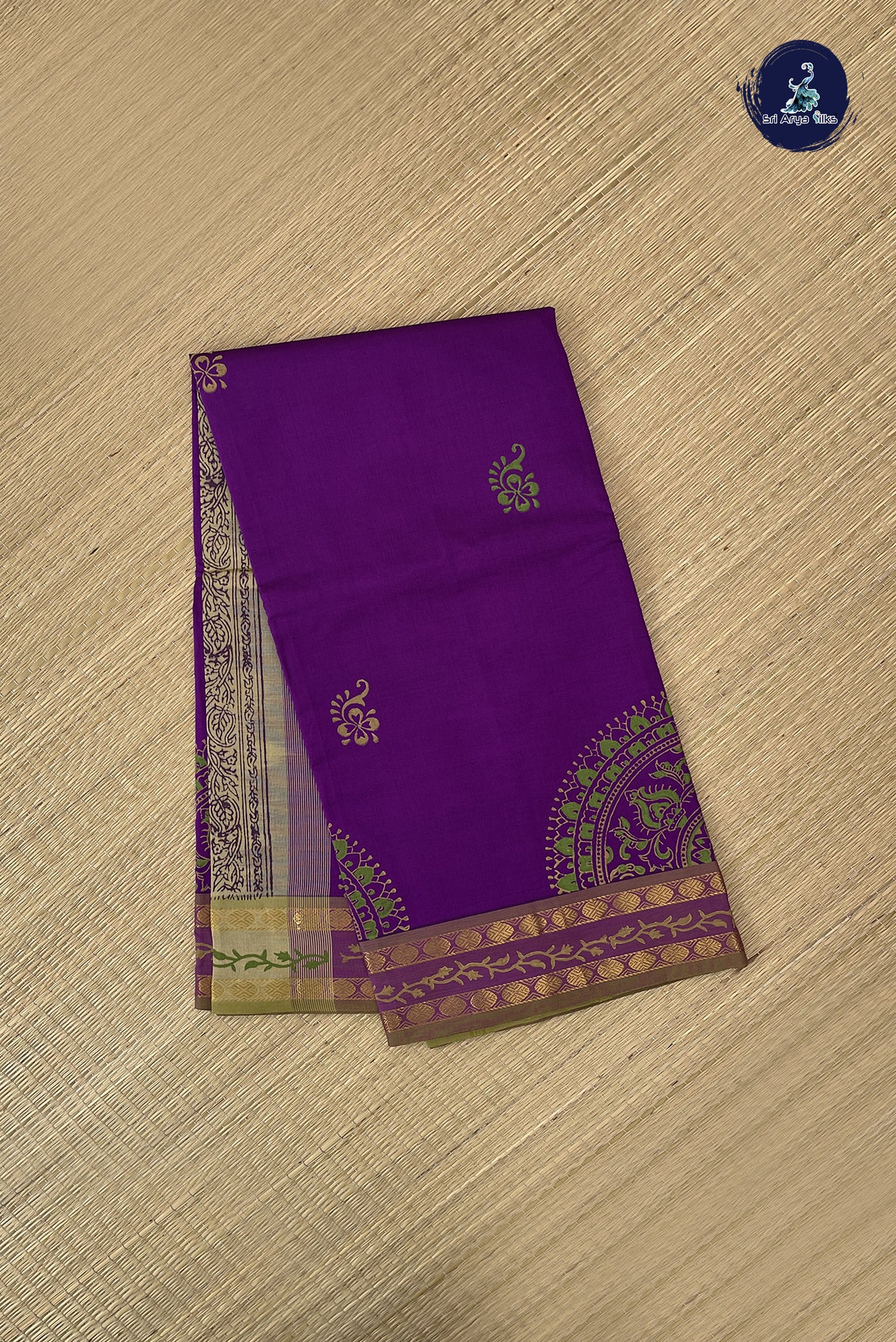 Purple Semi Silk Cotton Saree With Printed Pattern