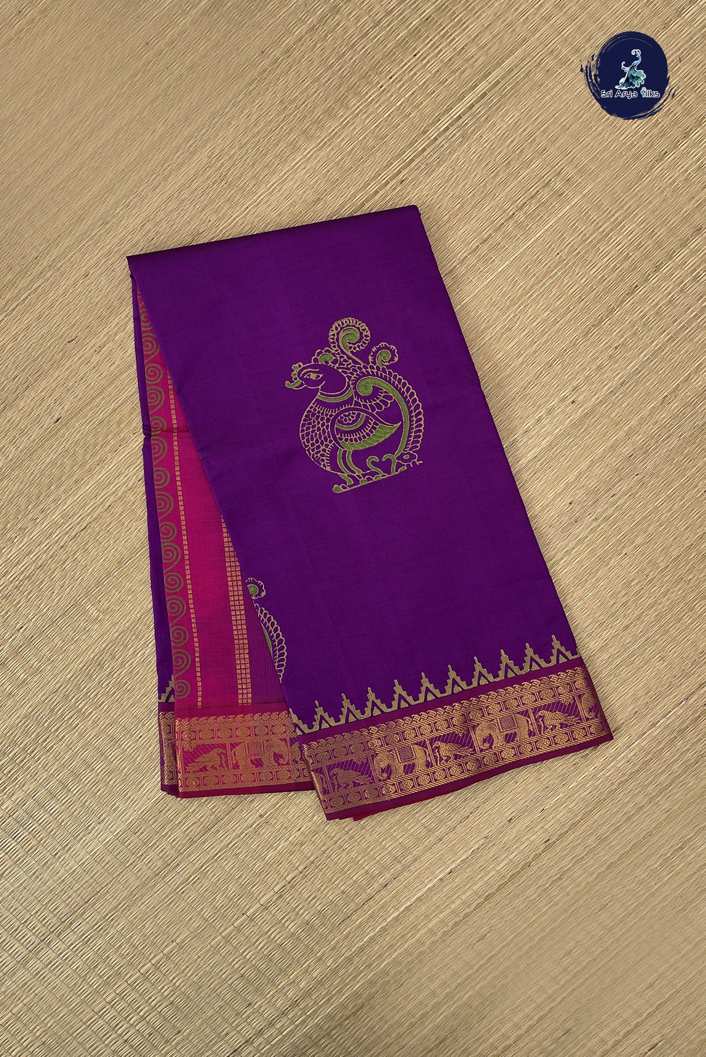 Purple Semi Silk Cotton Saree With Printed Pattern