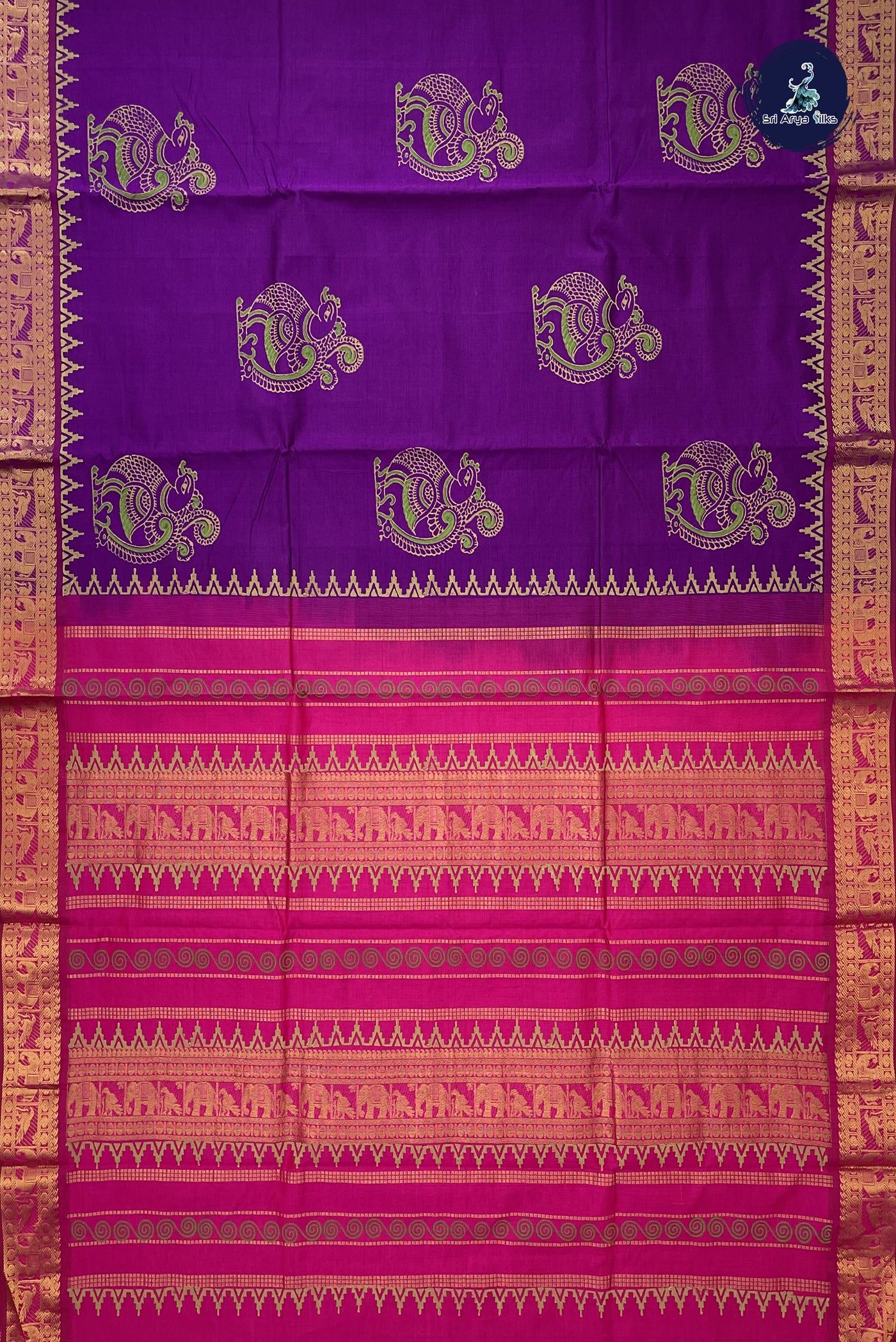 Purple Semi Silk Cotton Saree With Printed Pattern