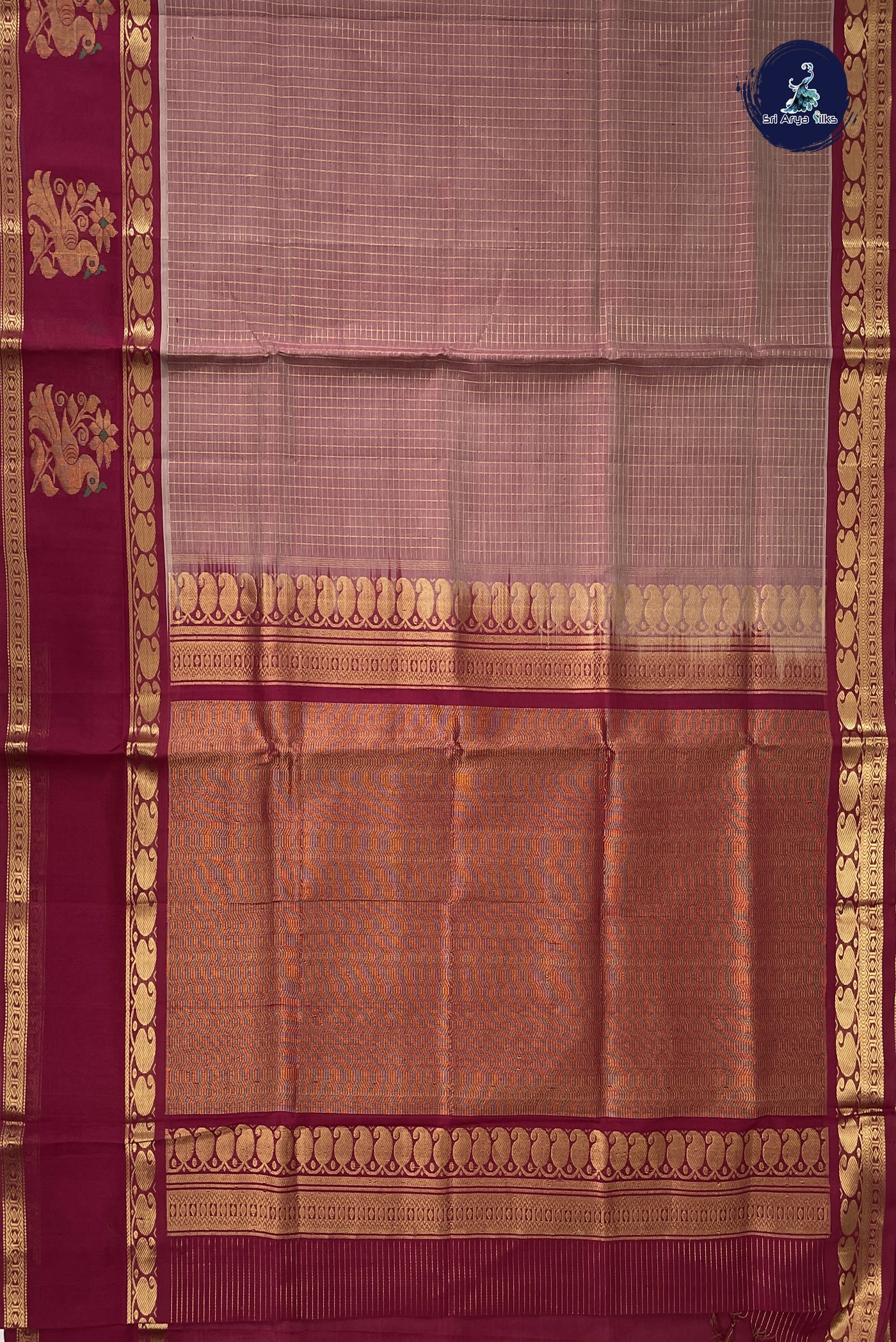 Light Burgundy Silk Cotton Saree With Zari Checked Pattern