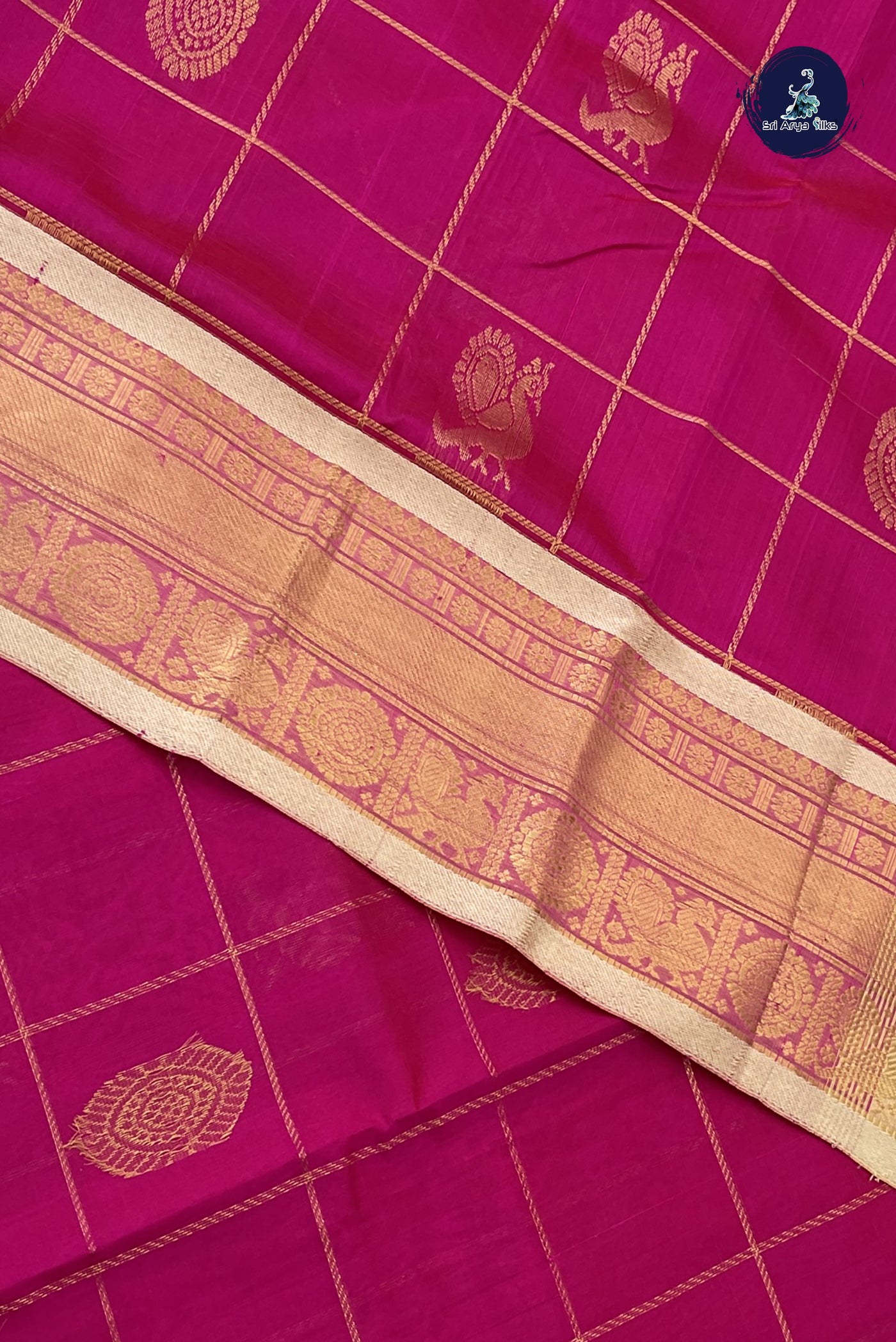 Dark Pink Bridal Silk Cotton Saree With Zari Checked Pattern