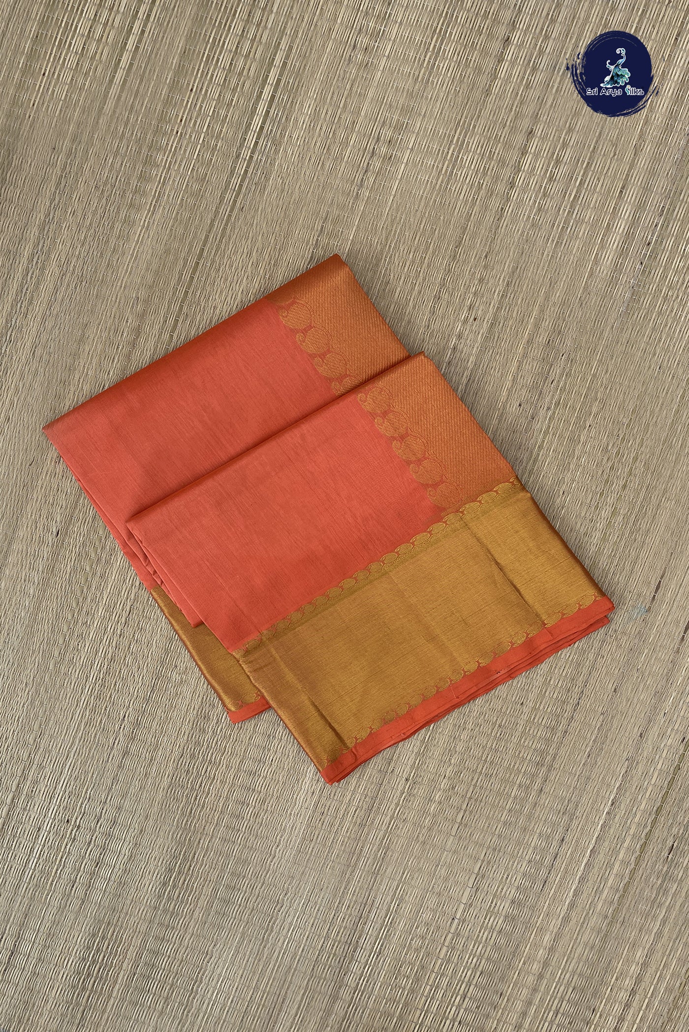 Orange Simple Silk Cotton Saree With Plain Pattern