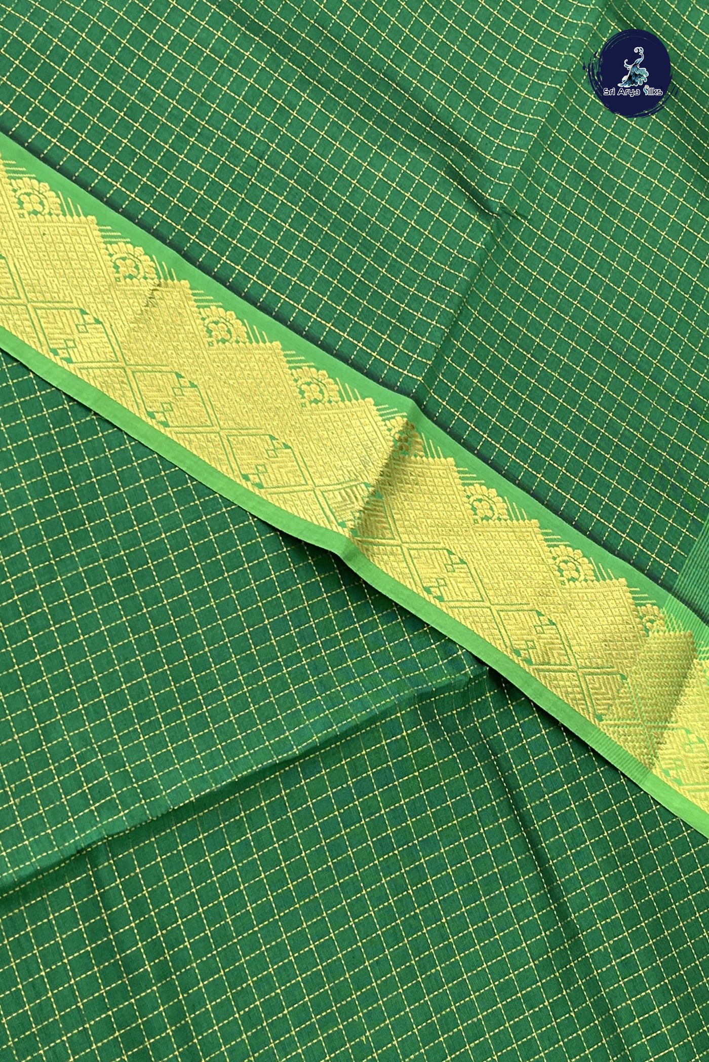 Dark Green Semi Silk Cotton Saree With Zari Checked Pattern