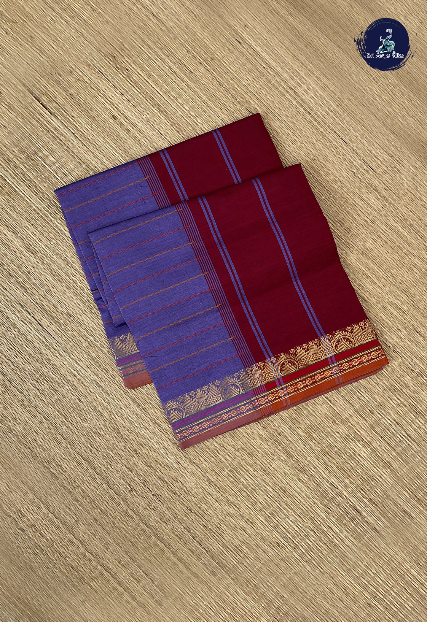 Lavender Semi Silk Cotton Saree With Veldhari Stripes Pattern