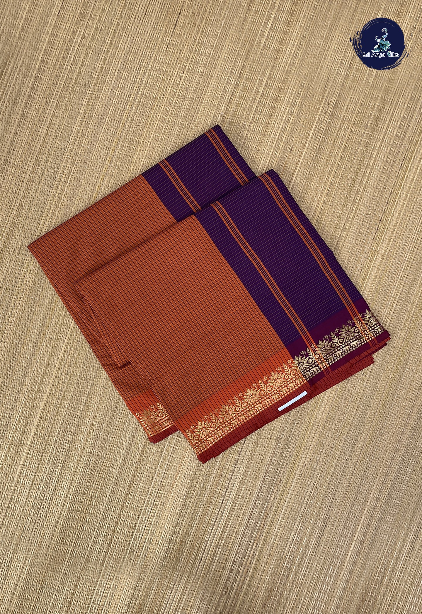 Orange Semi Silk Cotton Saree With Checked Pattern