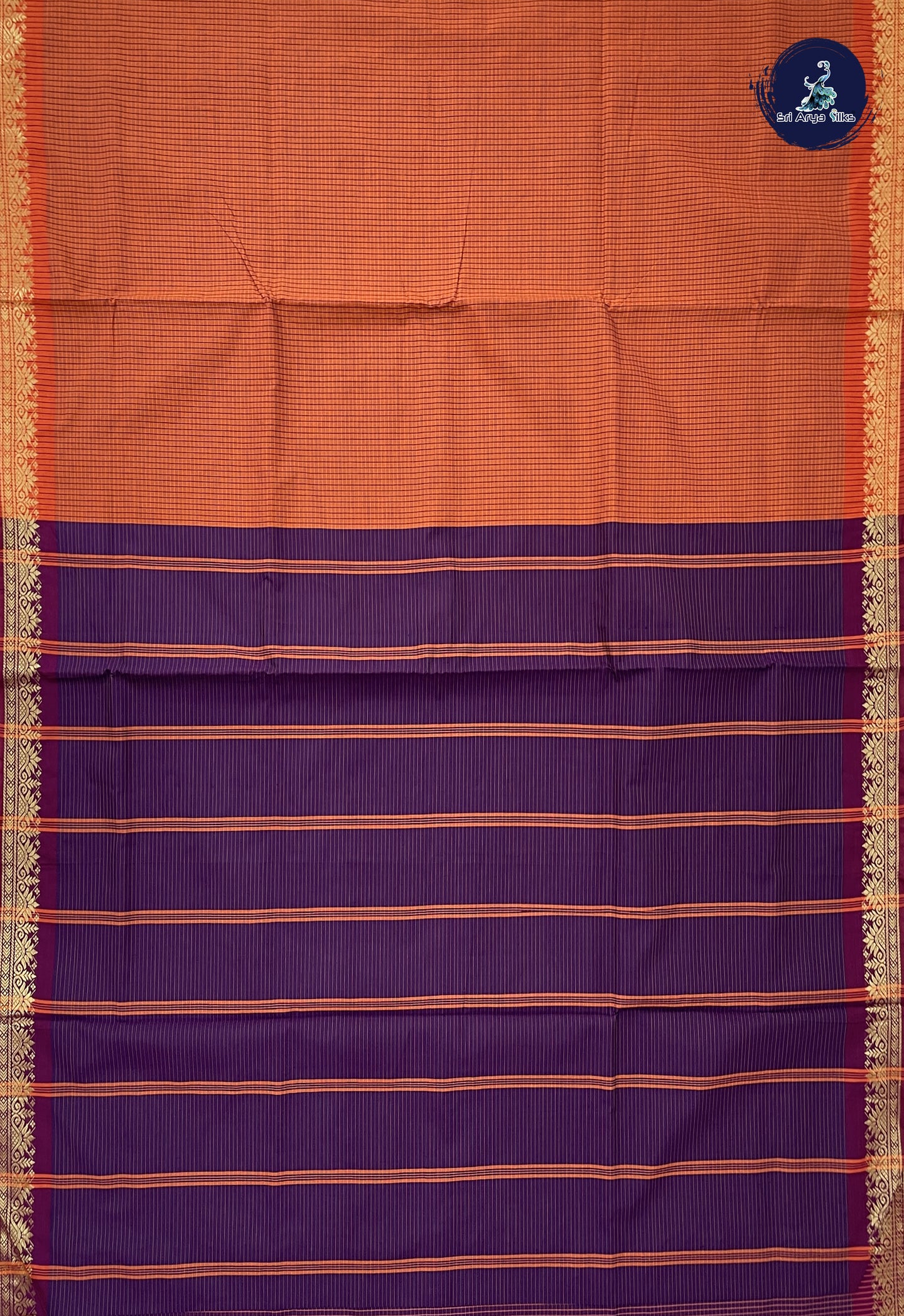 Orange Semi Silk Cotton Saree With Checked Pattern