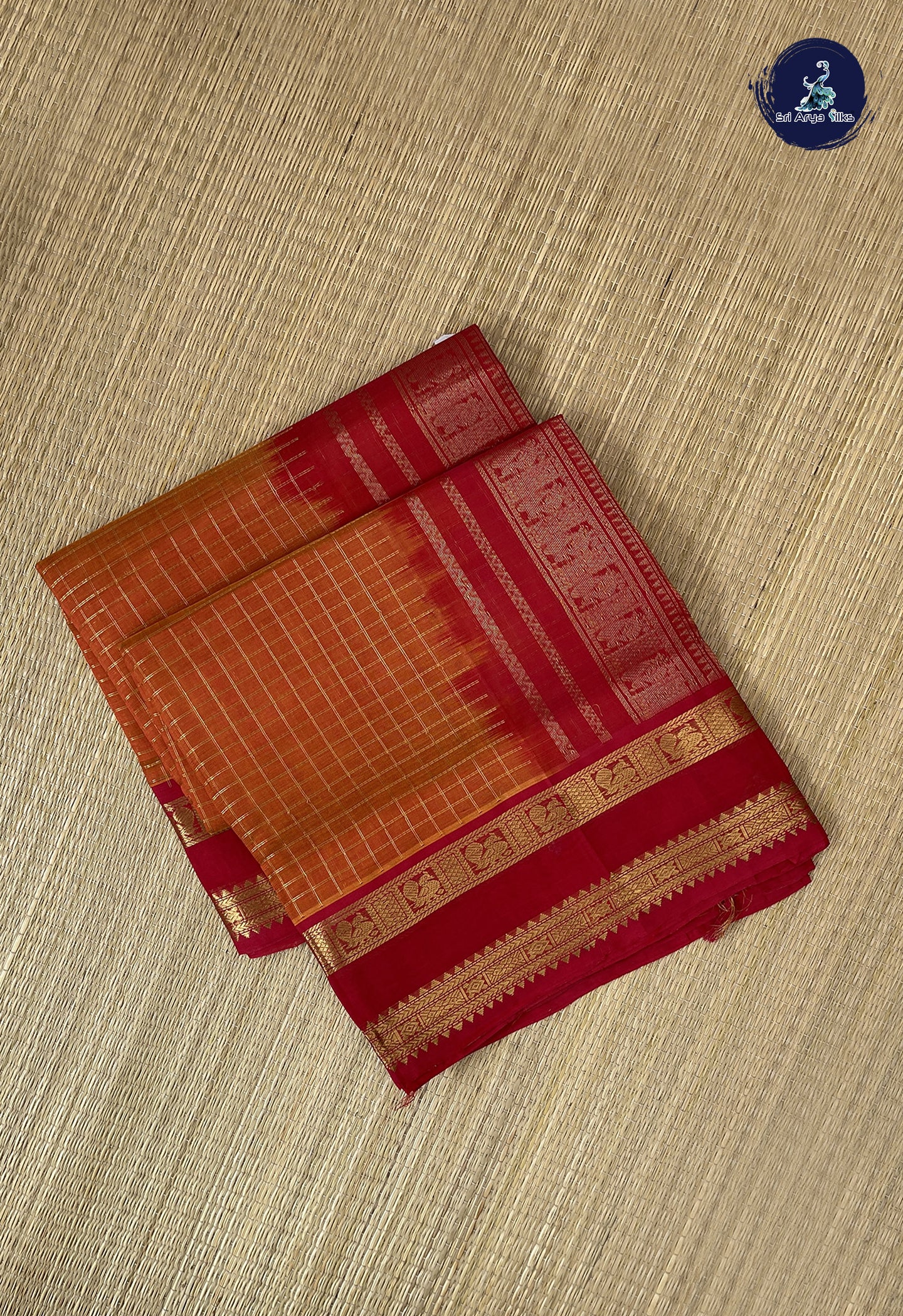 Orange Bridal Silk Cotton Saree With Zari Checked Pattern