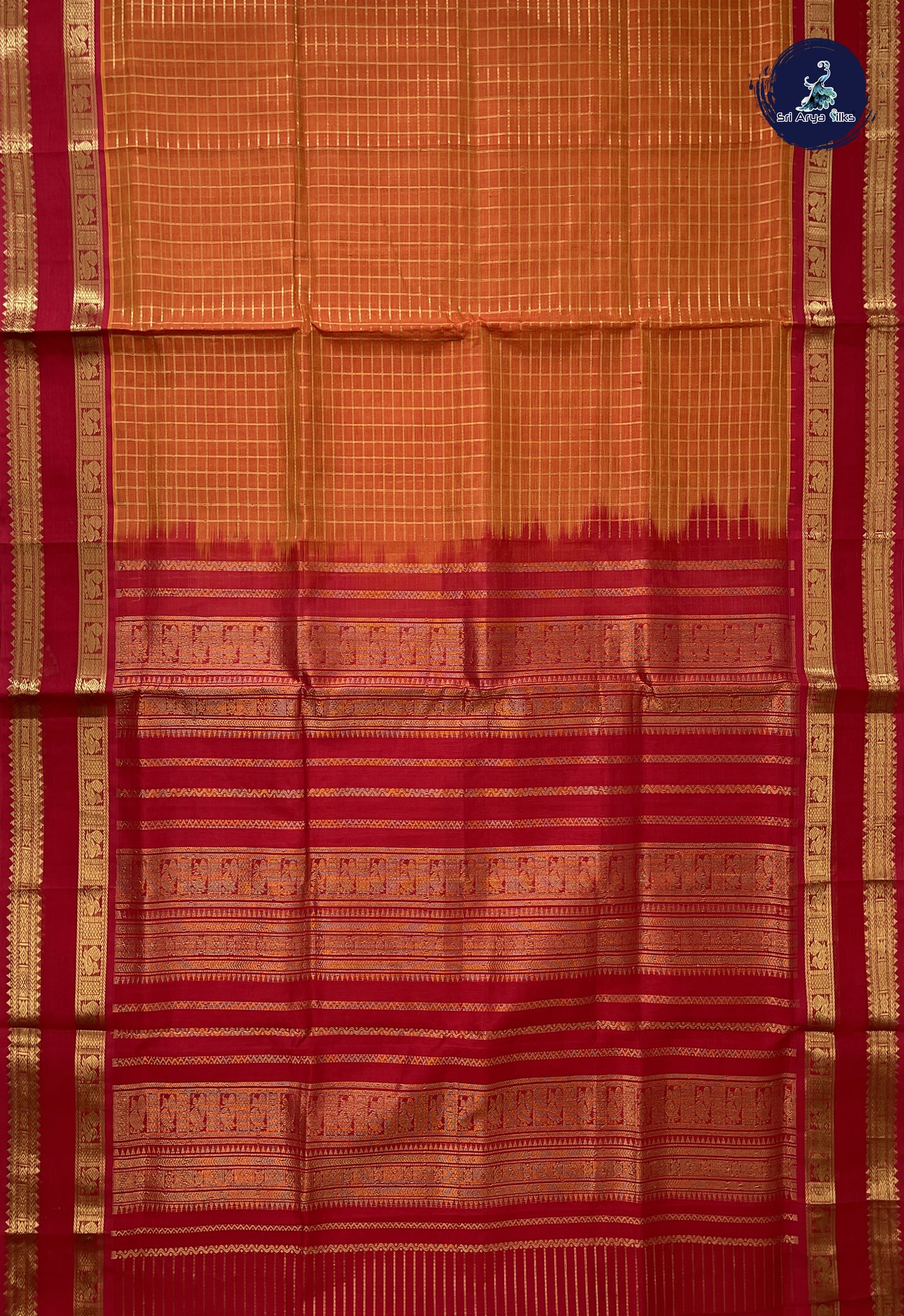 Orange Bridal Silk Cotton Saree With Zari Checked Pattern