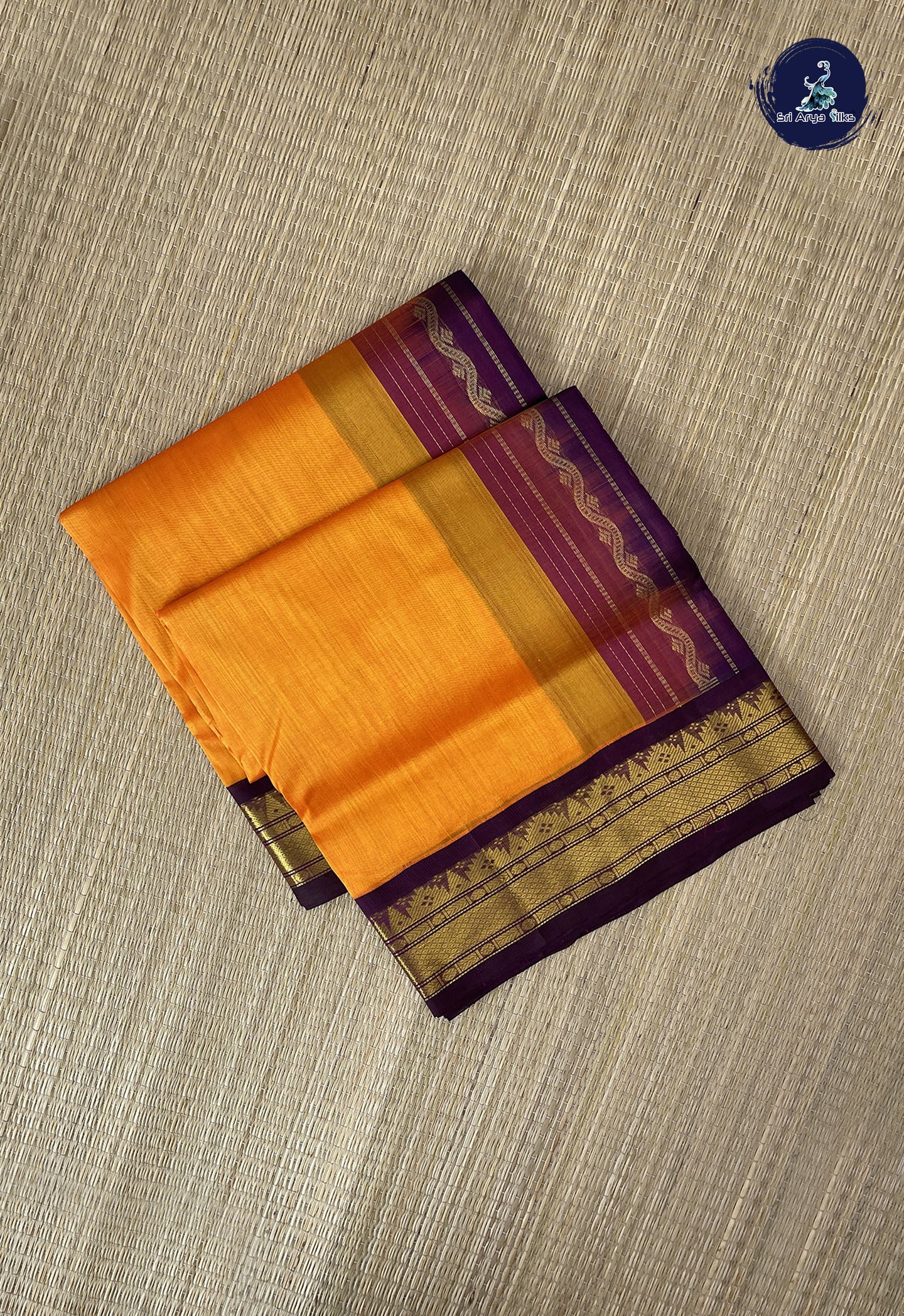 Yellowish Orange Korvai Silk Cotton Saree With Plain Pattern