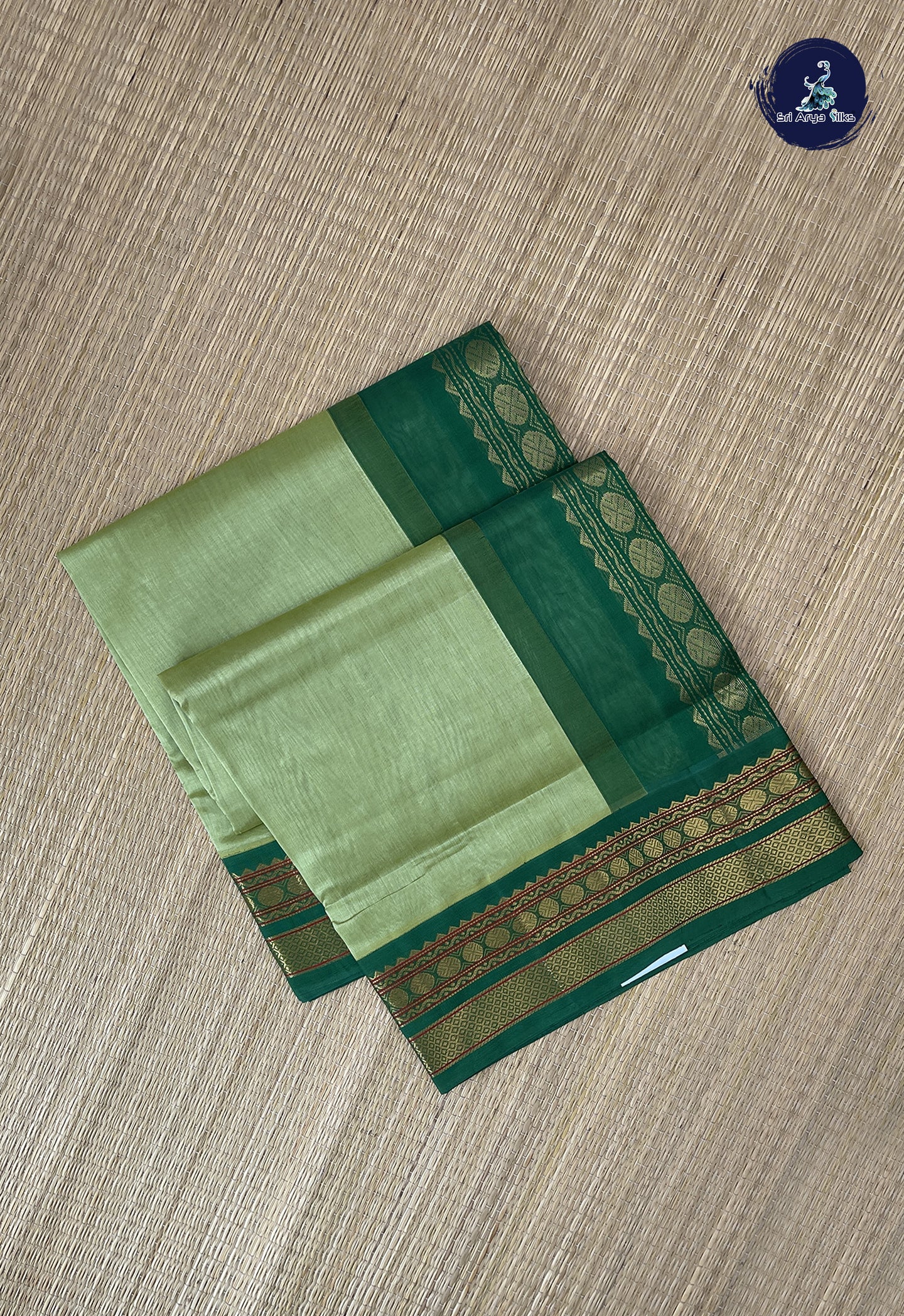 Pista Green Korvai Silk Cotton Saree With Plain Pattern