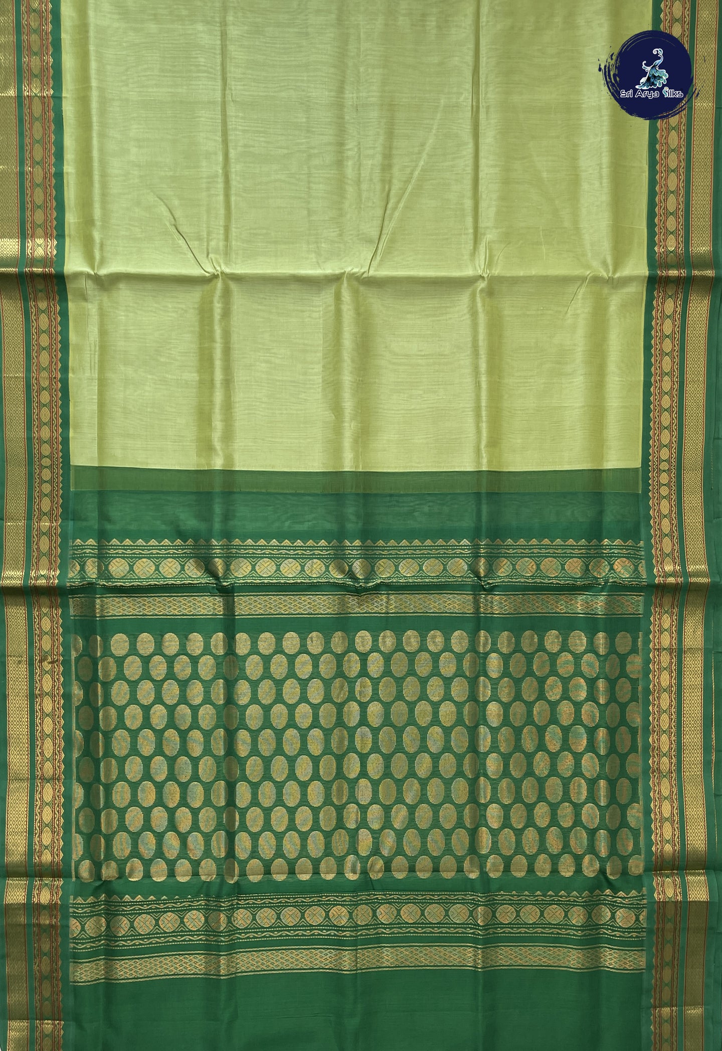 Pista Green Korvai Silk Cotton Saree With Plain Pattern