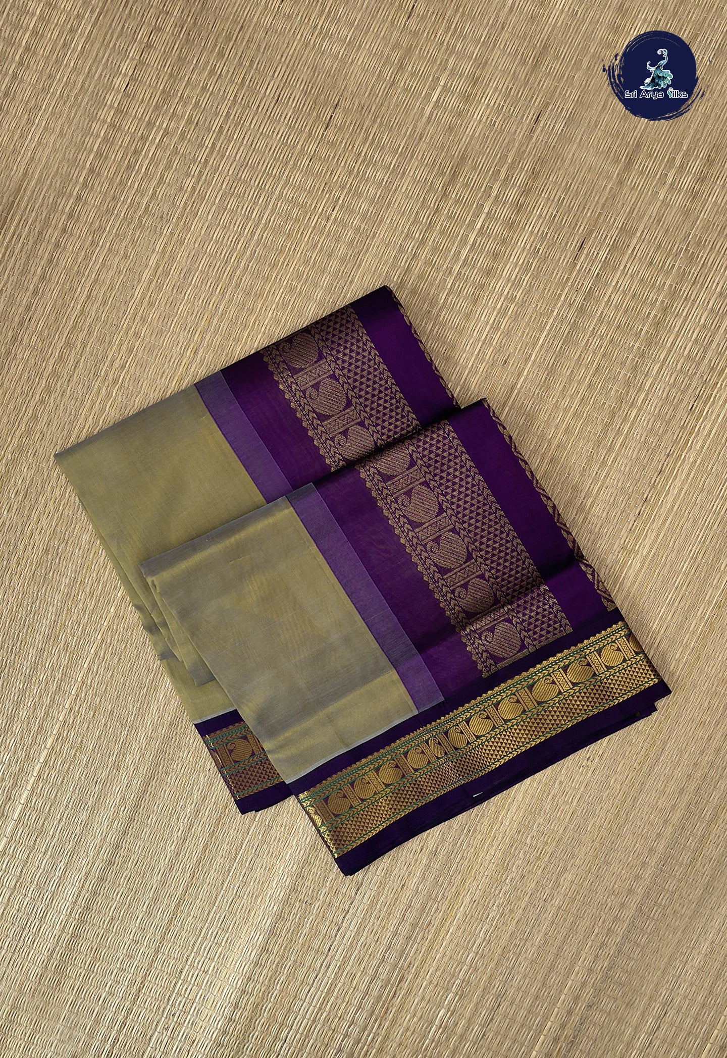 Dual Tone Grey Korvai Silk Cotton Saree With Plain Pattern