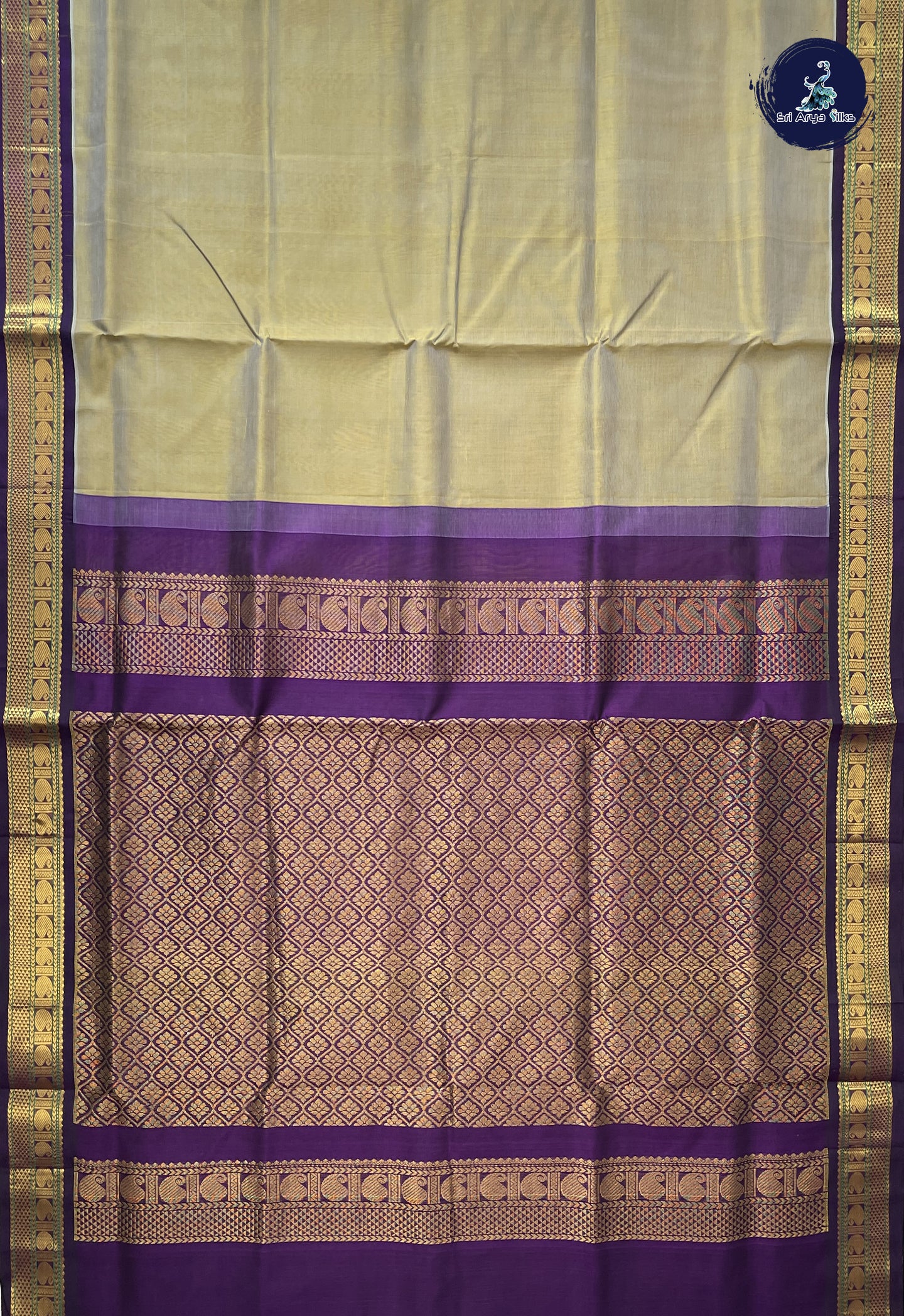 Dual Tone Grey Korvai Silk Cotton Saree With Plain Pattern