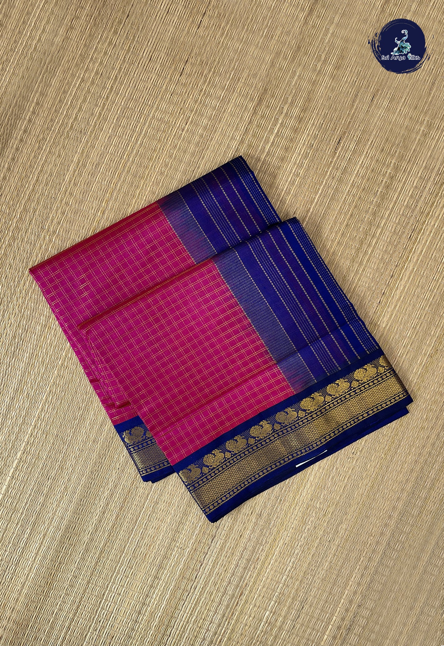 Rani Pink Korvai Silk Cotton Saree With Zari Checked Pattern