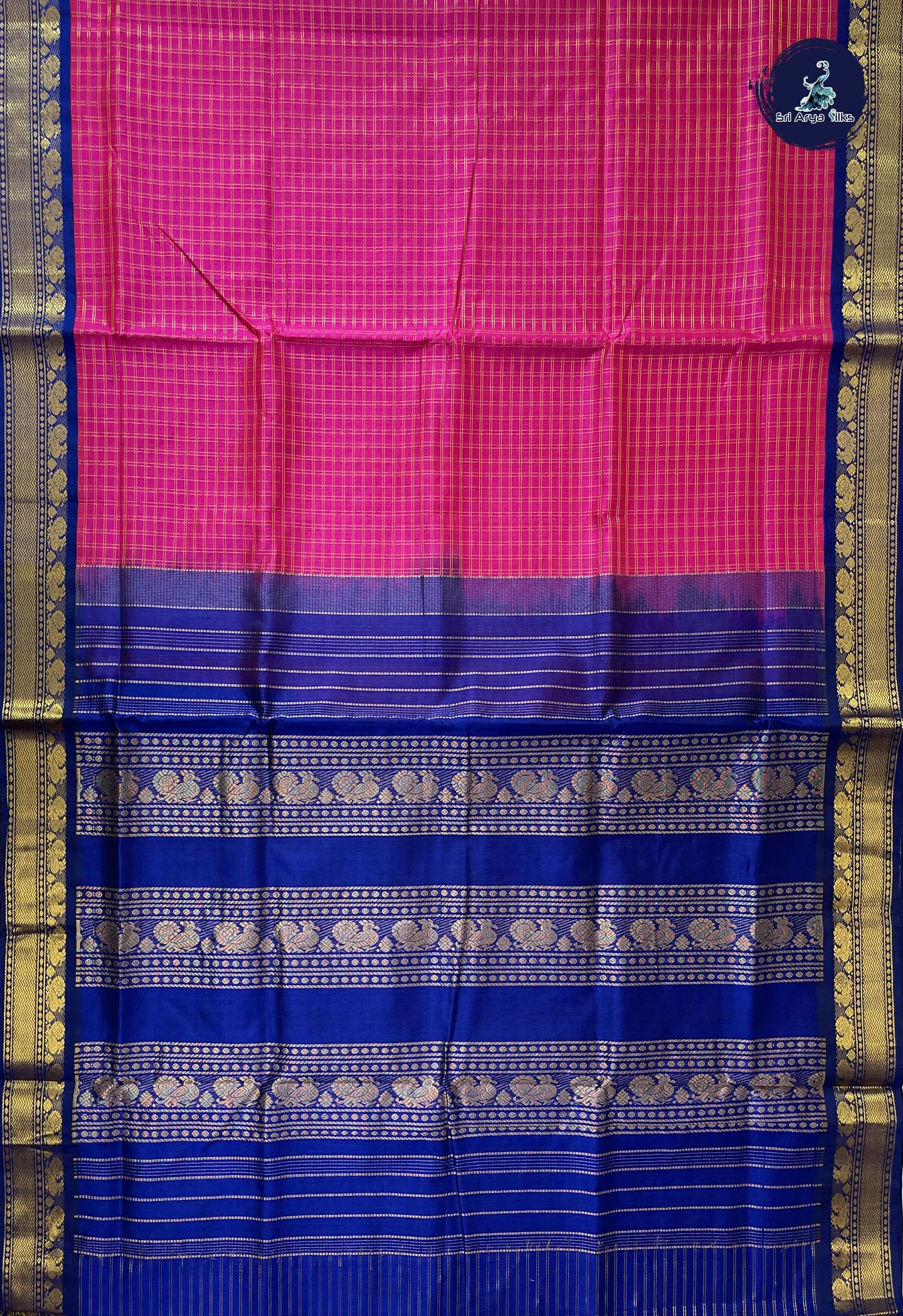 Rani Pink Korvai Silk Cotton Saree With Zari Checked Pattern