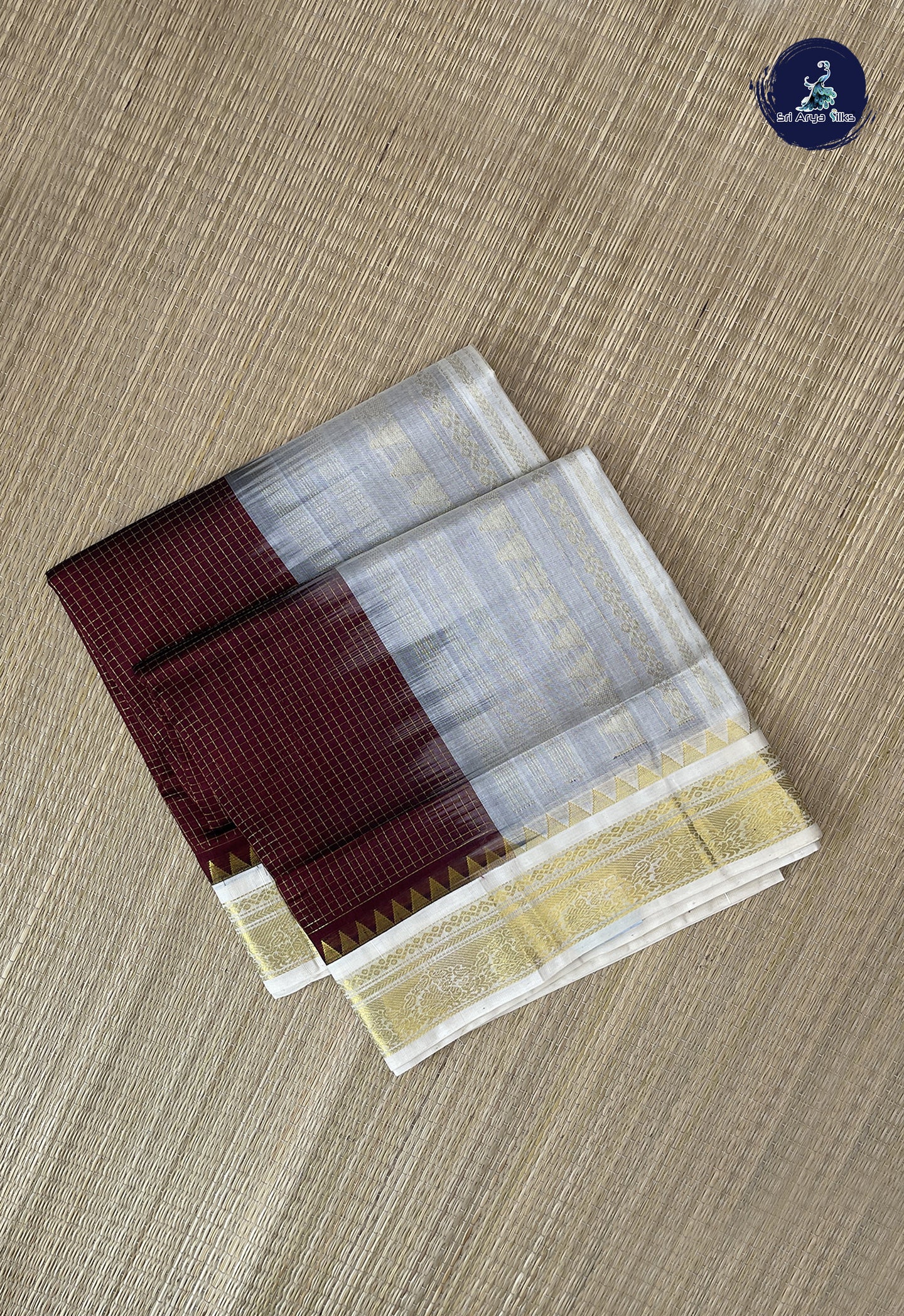Brown Korvai Silk Cotton Saree With Zari Checked Pattern