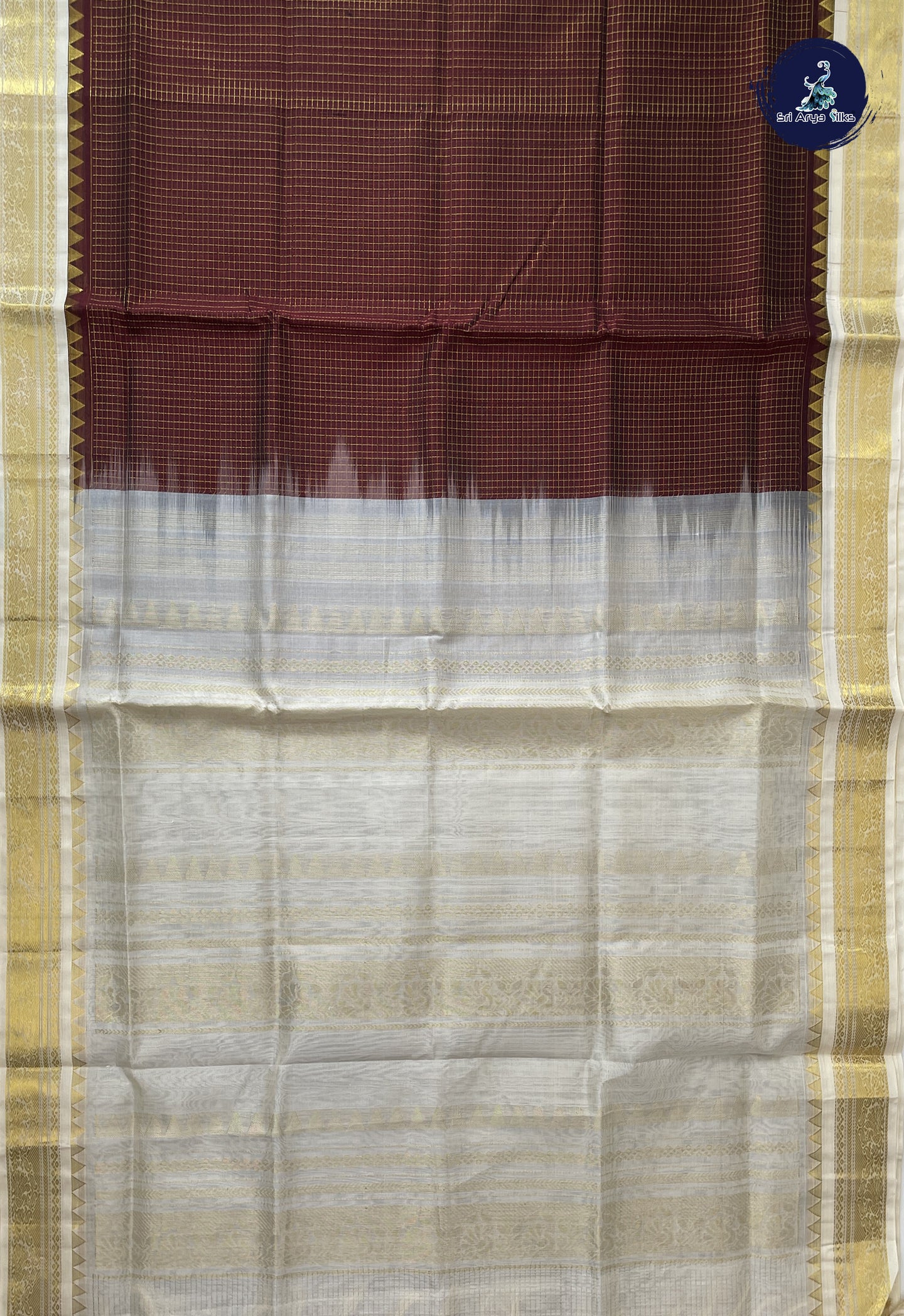 Brown Korvai Silk Cotton Saree With Zari Checked Pattern