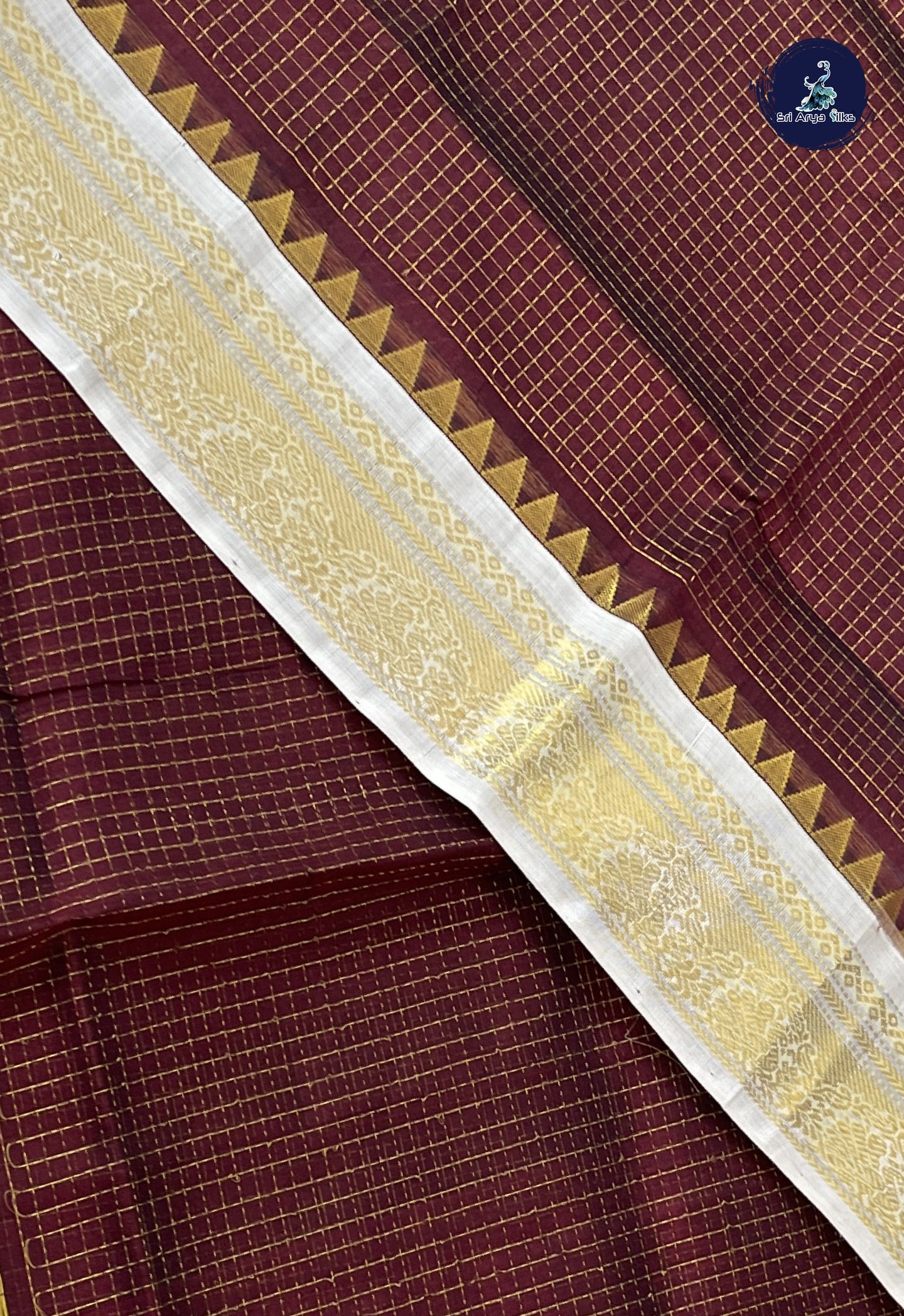Brown Korvai Silk Cotton Saree With Zari Checked Pattern