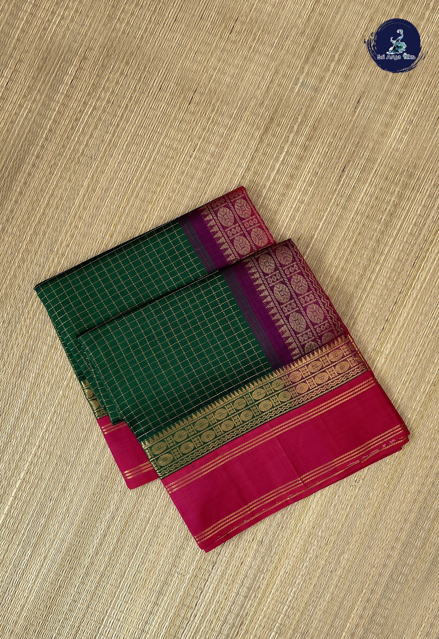 Bottle Green Korvai Silk Cotton Saree With Zari Checked Pattern