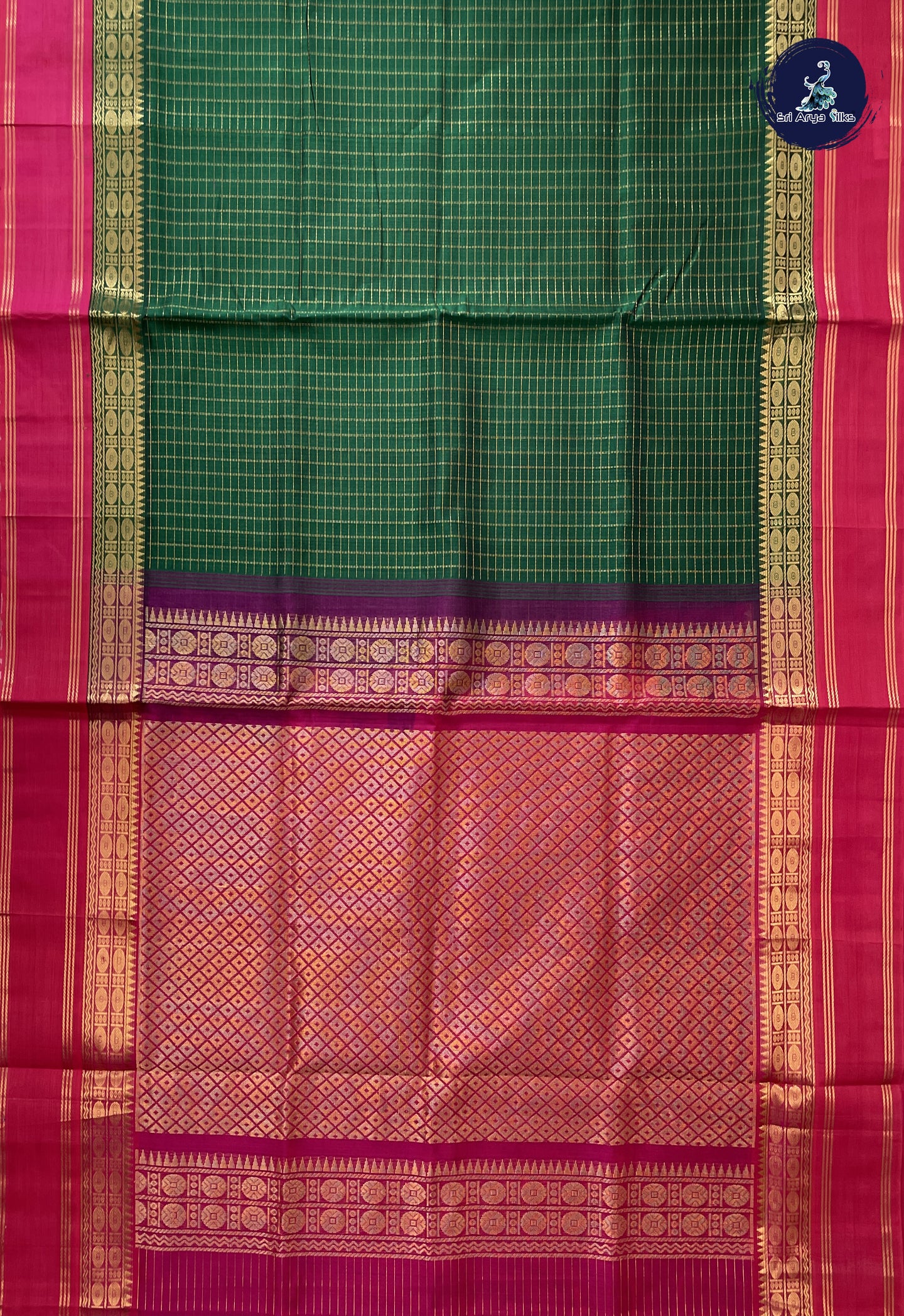Bottle Green Korvai Silk Cotton Saree With Zari Checked Pattern