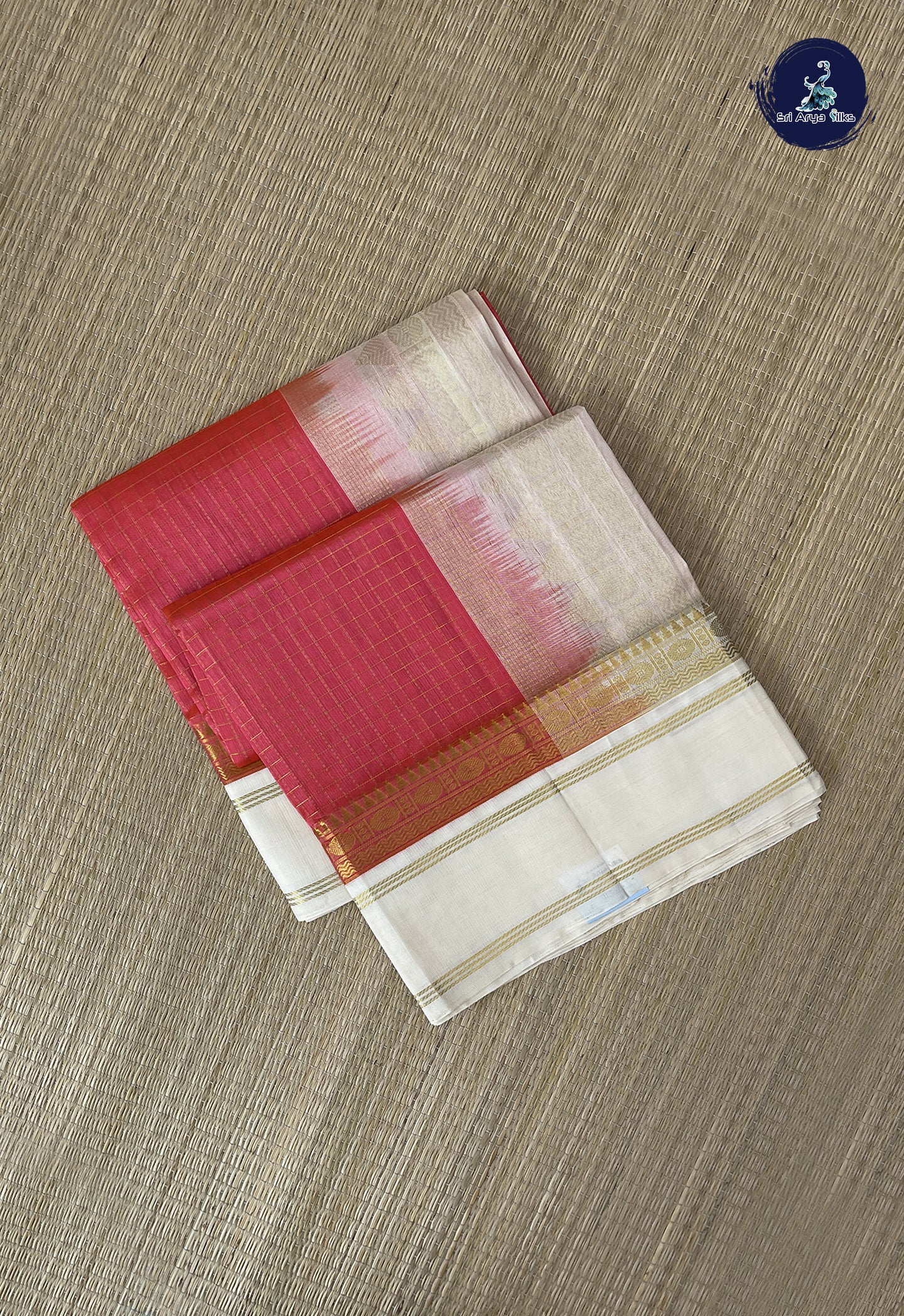 Peach Pink Korvai Silk Cotton Saree With Zari Checked Pattern