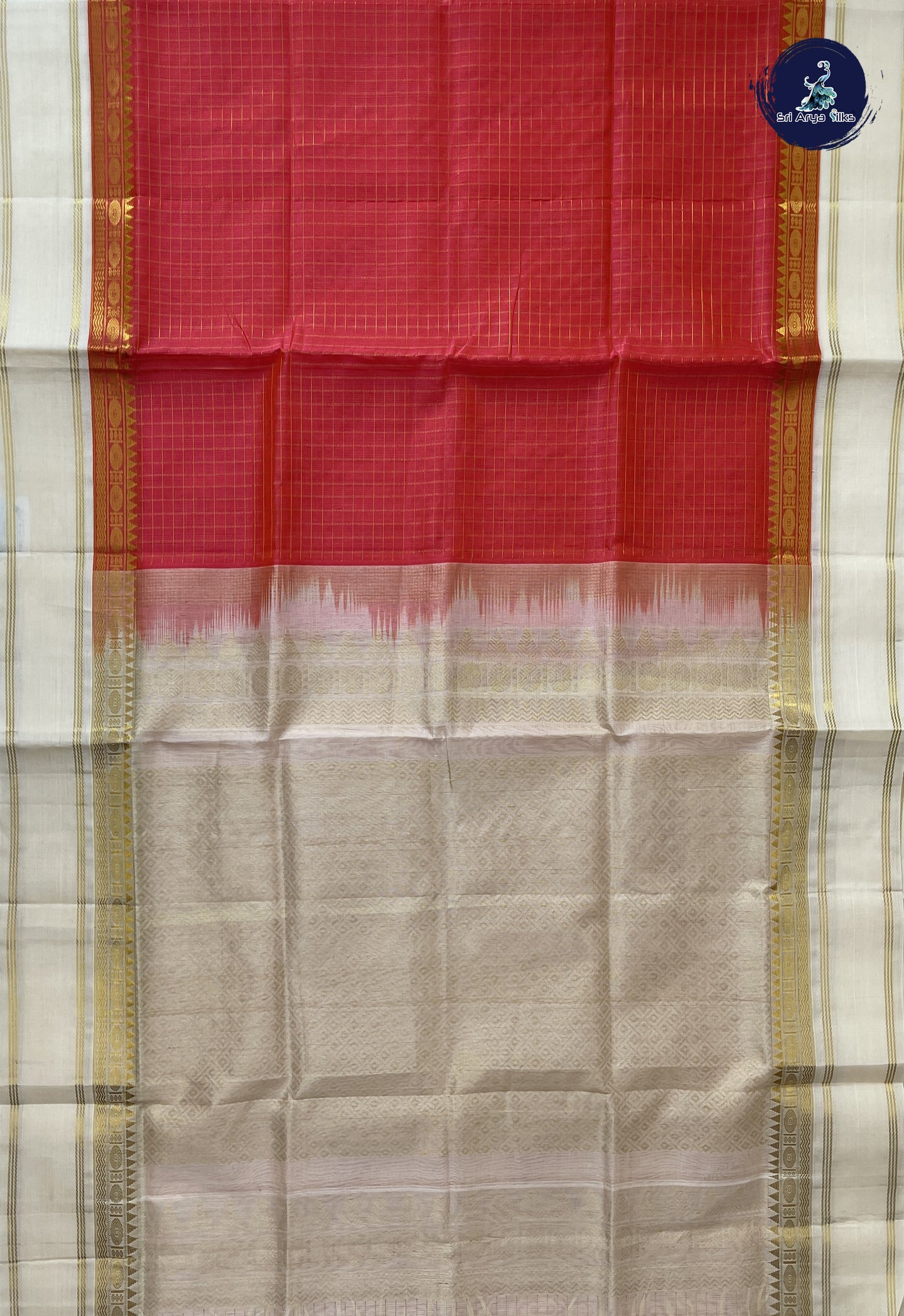 Peach Pink Korvai Silk Cotton Saree With Zari Checked Pattern