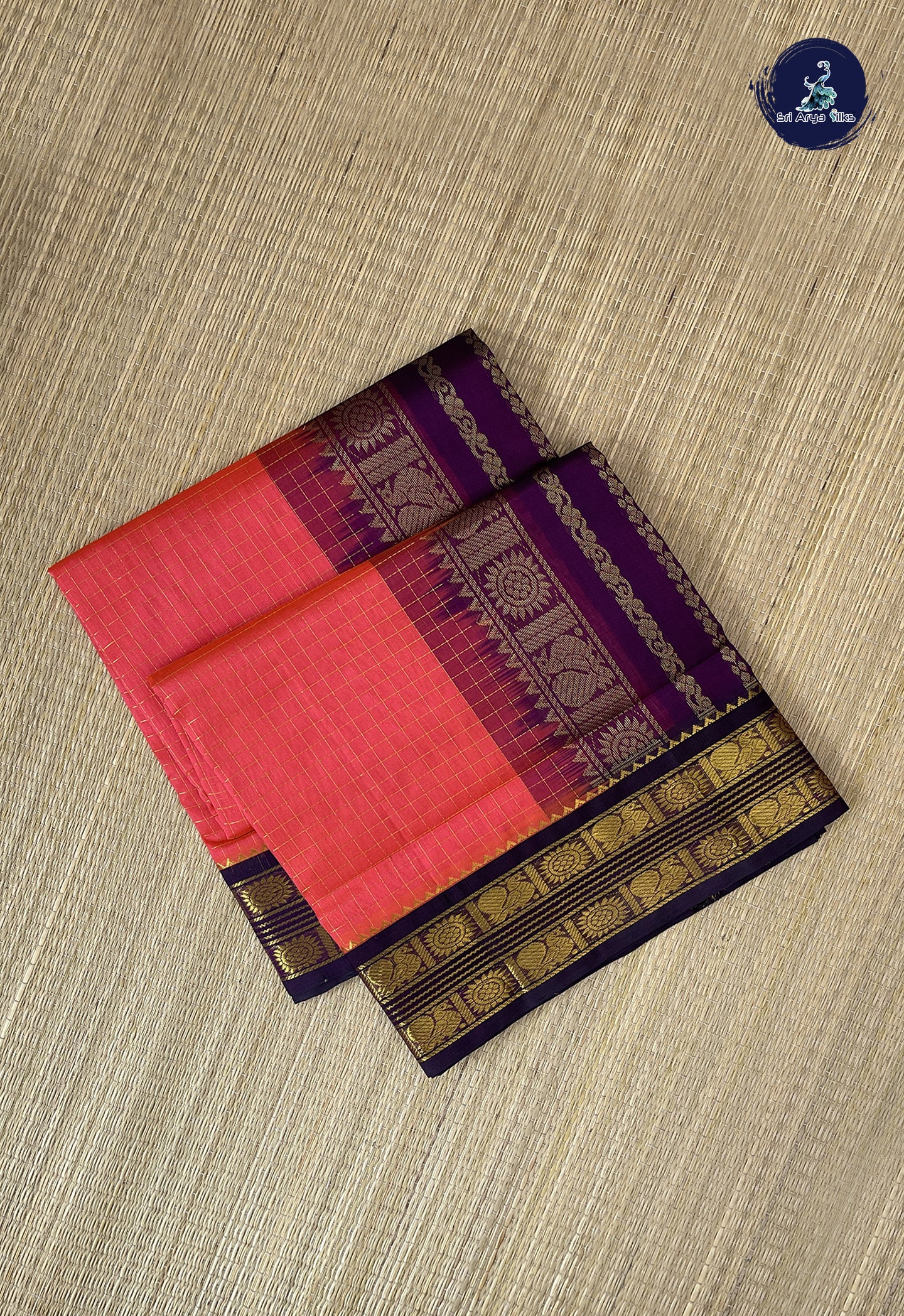 Orangish Pink Korvai Silk Cotton Saree With Zari Checked Pattern