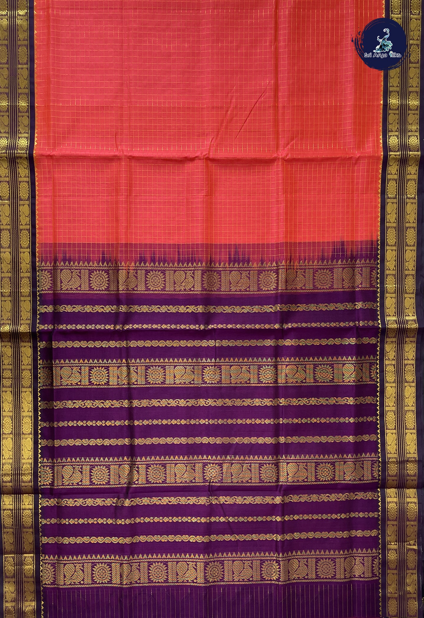 Orangish Pink Korvai Silk Cotton Saree With Zari Checked Pattern