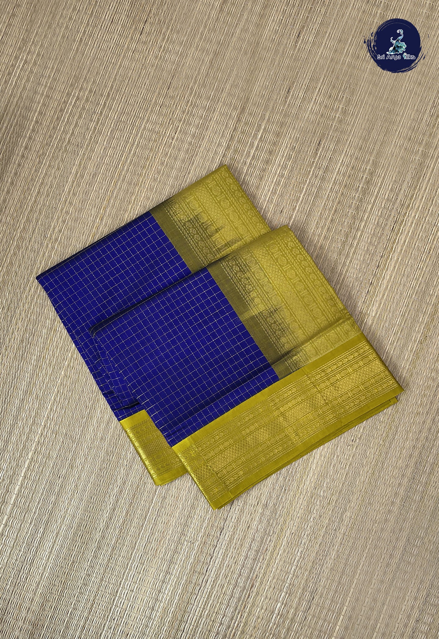 MS Blue Korvai Silk Cotton Saree With Zari Checked Pattern
