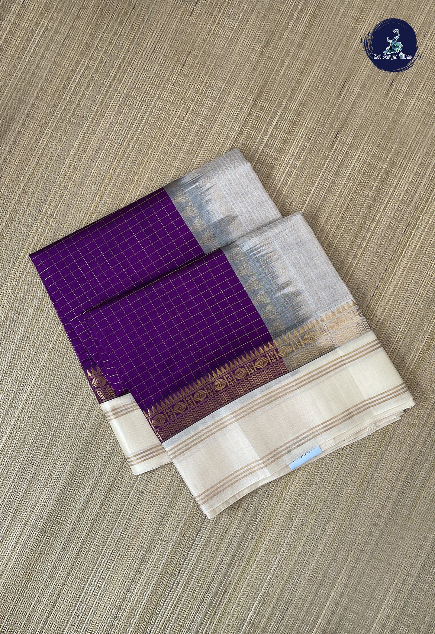 Purple Korvai Silk Cotton Saree With Zari Checked Pattern