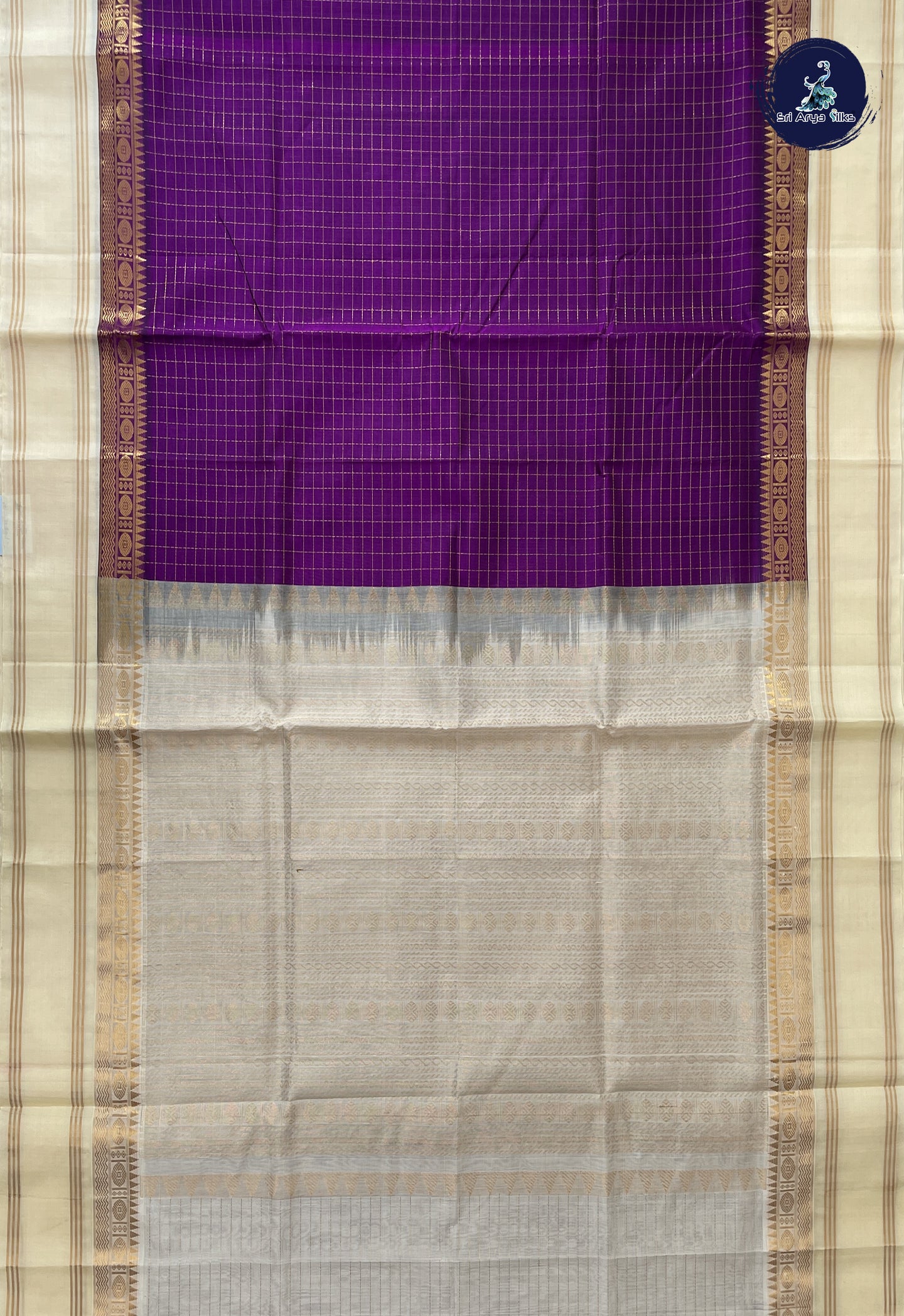 Purple Korvai Silk Cotton Saree With Zari Checked Pattern