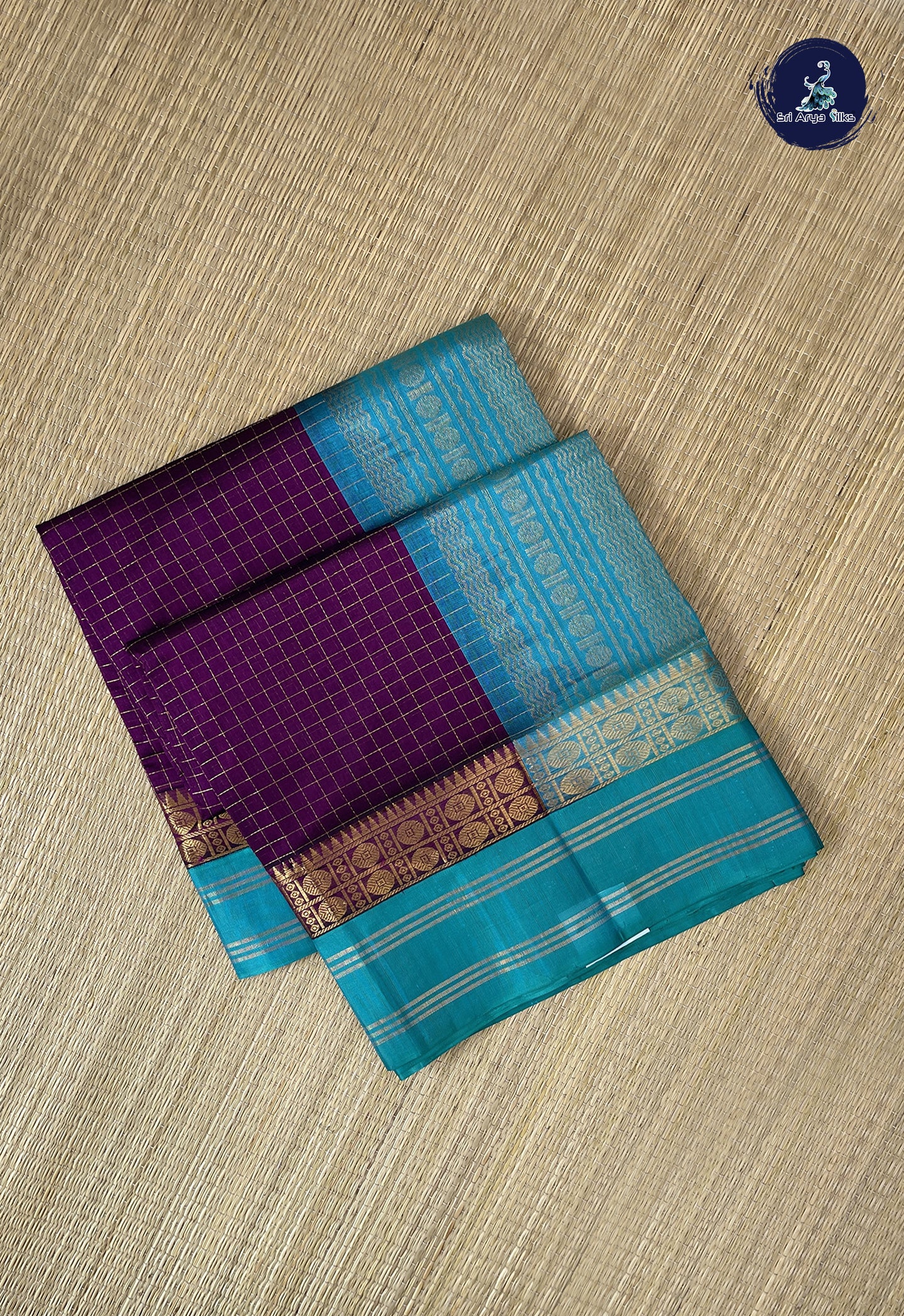 Dark Brinjal Korvai Silk Cotton Saree With Zari Checked Pattern
