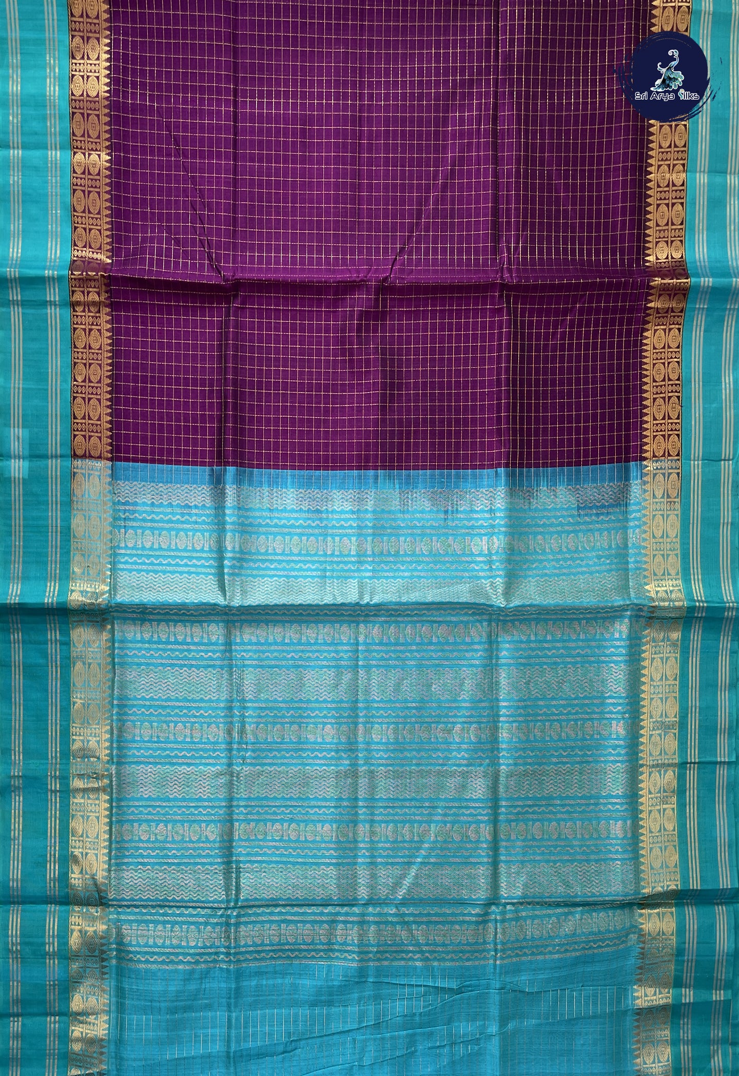 Dark Brinjal Korvai Silk Cotton Saree With Zari Checked Pattern
