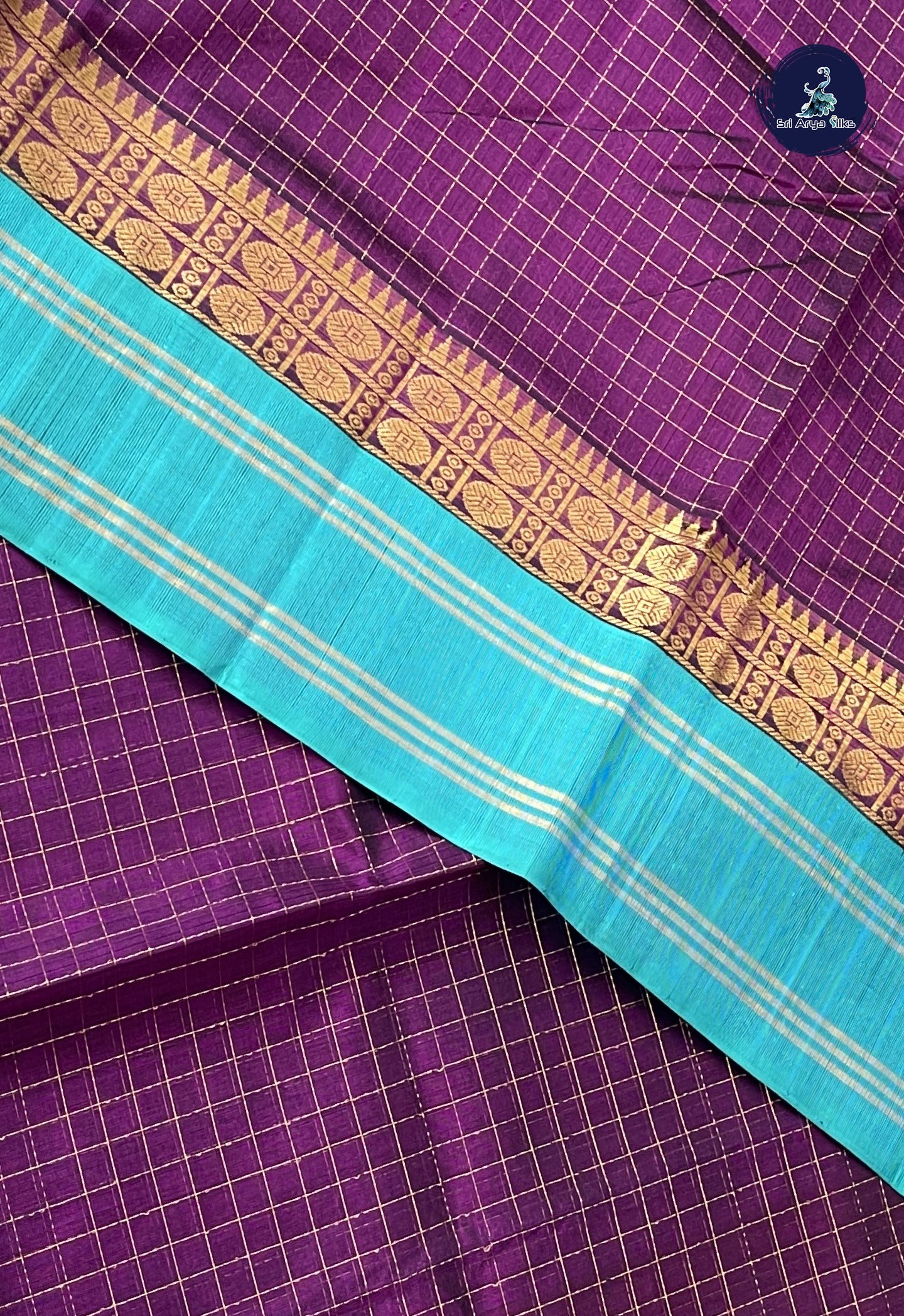Dark Brinjal Korvai Silk Cotton Saree With Zari Checked Pattern