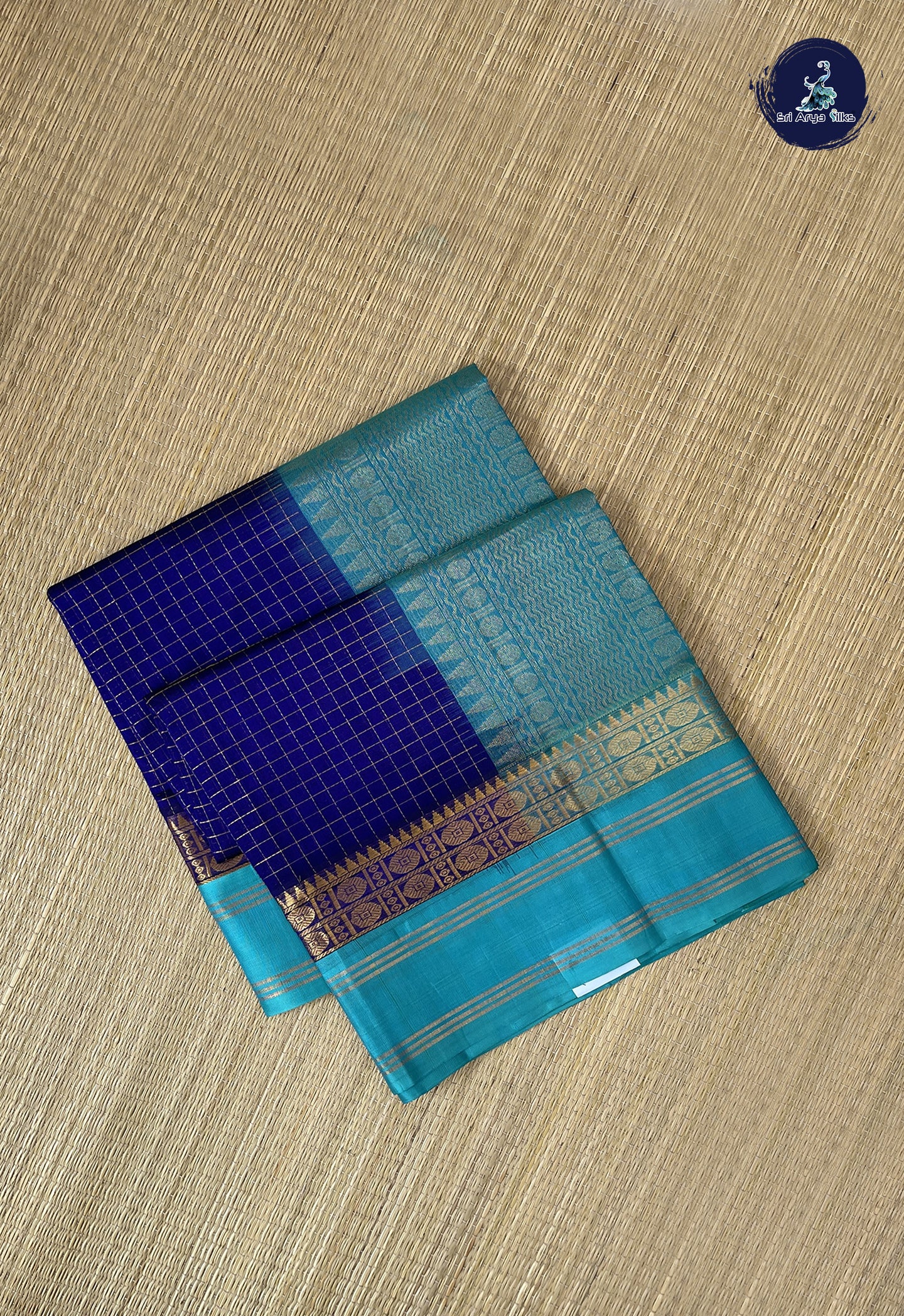 MS Blue Korvai Silk Cotton Saree With Zari Checked Pattern