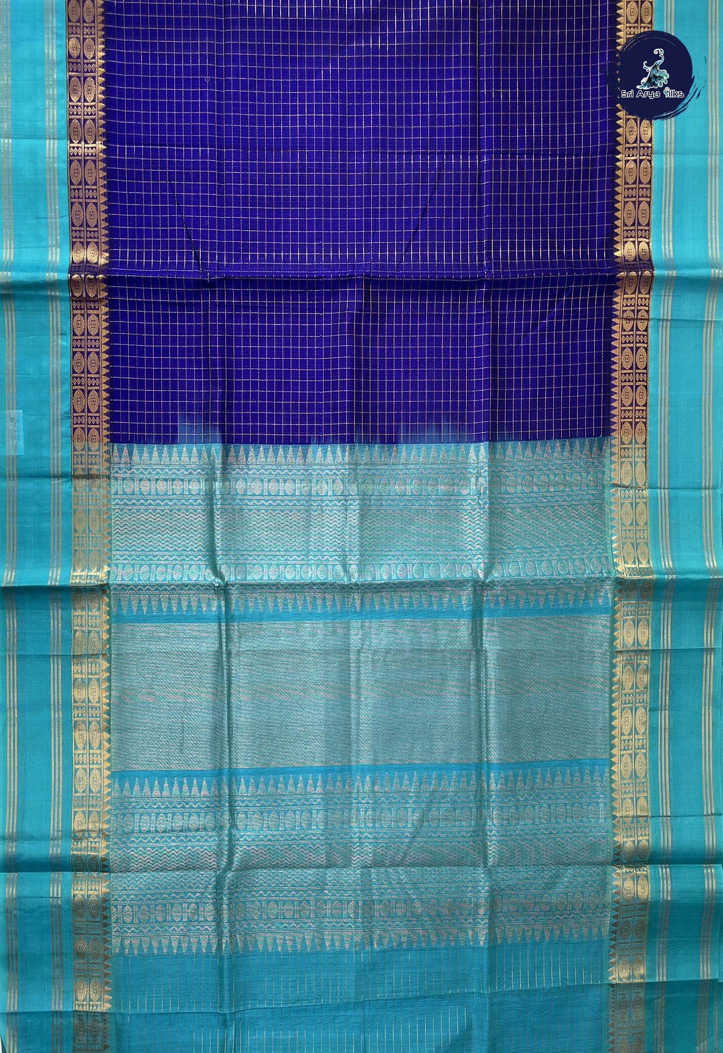 MS Blue Korvai Silk Cotton Saree With Zari Checked Pattern