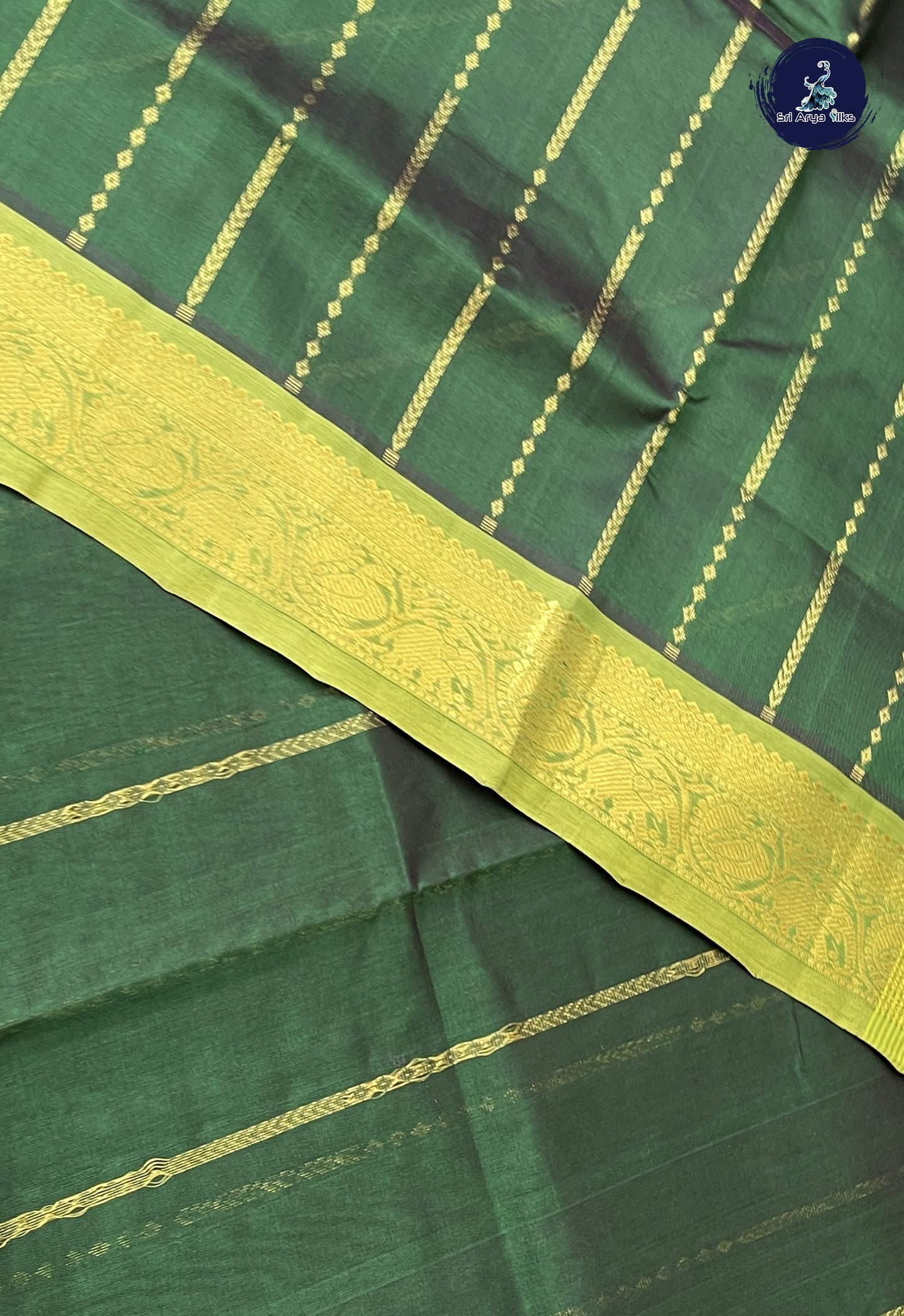 Bottle Green Bridal Silk Cotton Saree With Stripes Pattern