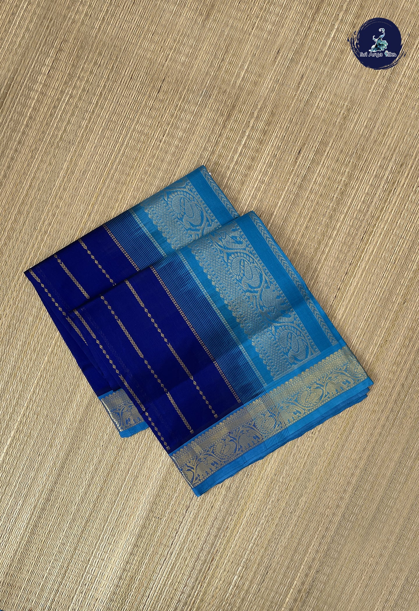 MS Blue Bridal Silk Cotton Saree With Stripes Pattern