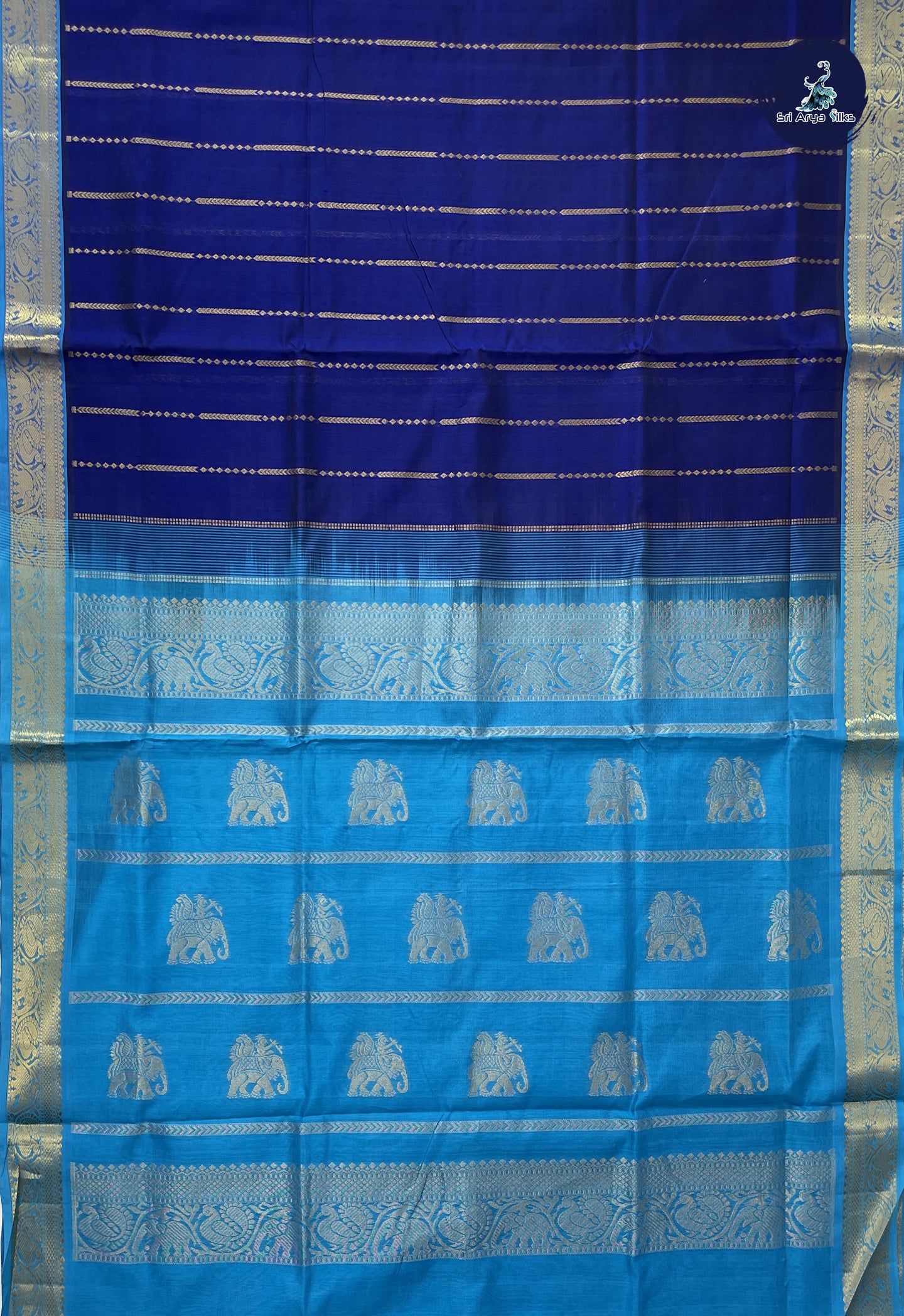 MS Blue Bridal Silk Cotton Saree With Stripes Pattern