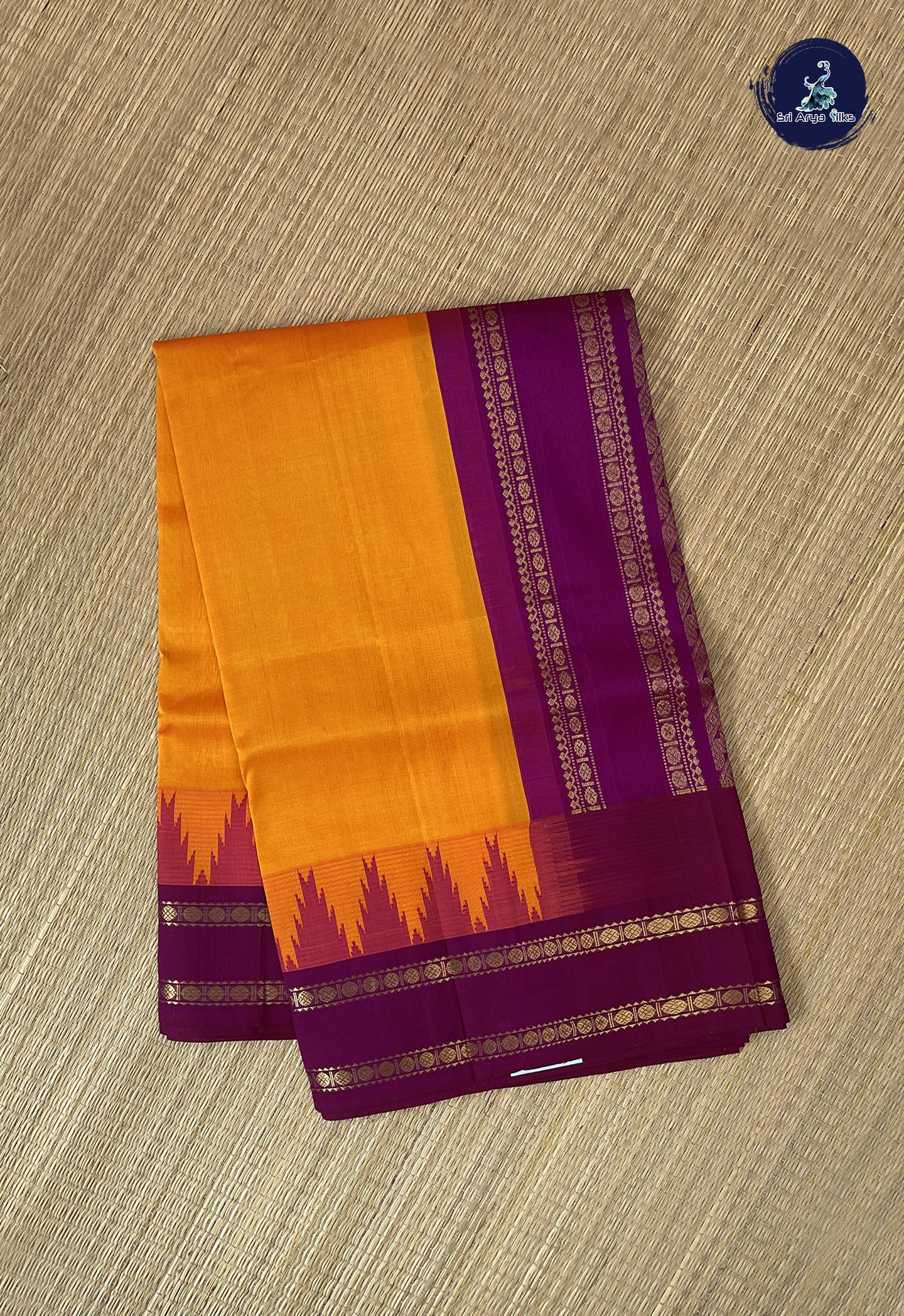 Orange Korvai Silk Cotton Saree With Plain Pattern