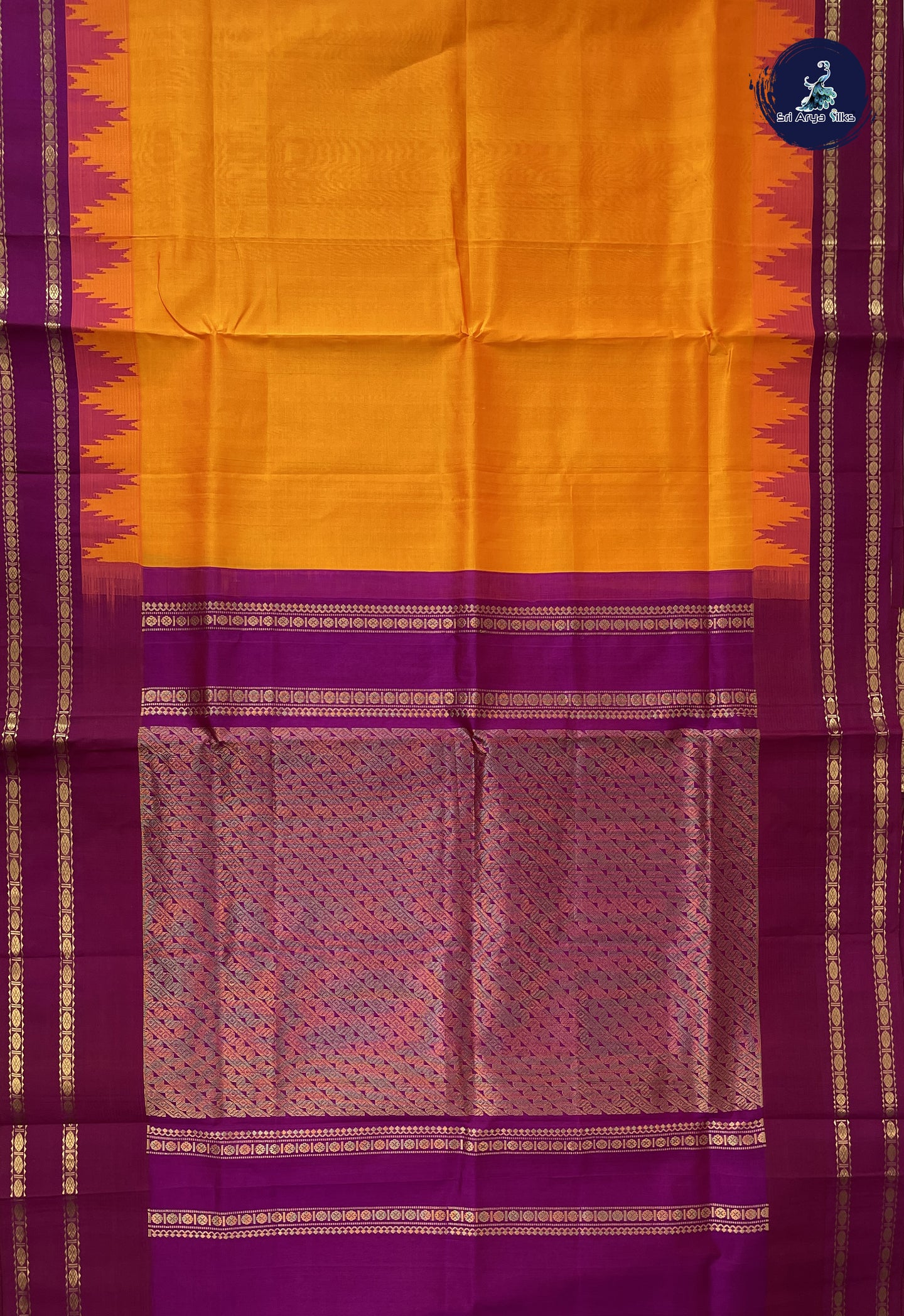 Orange Korvai Silk Cotton Saree With Plain Pattern